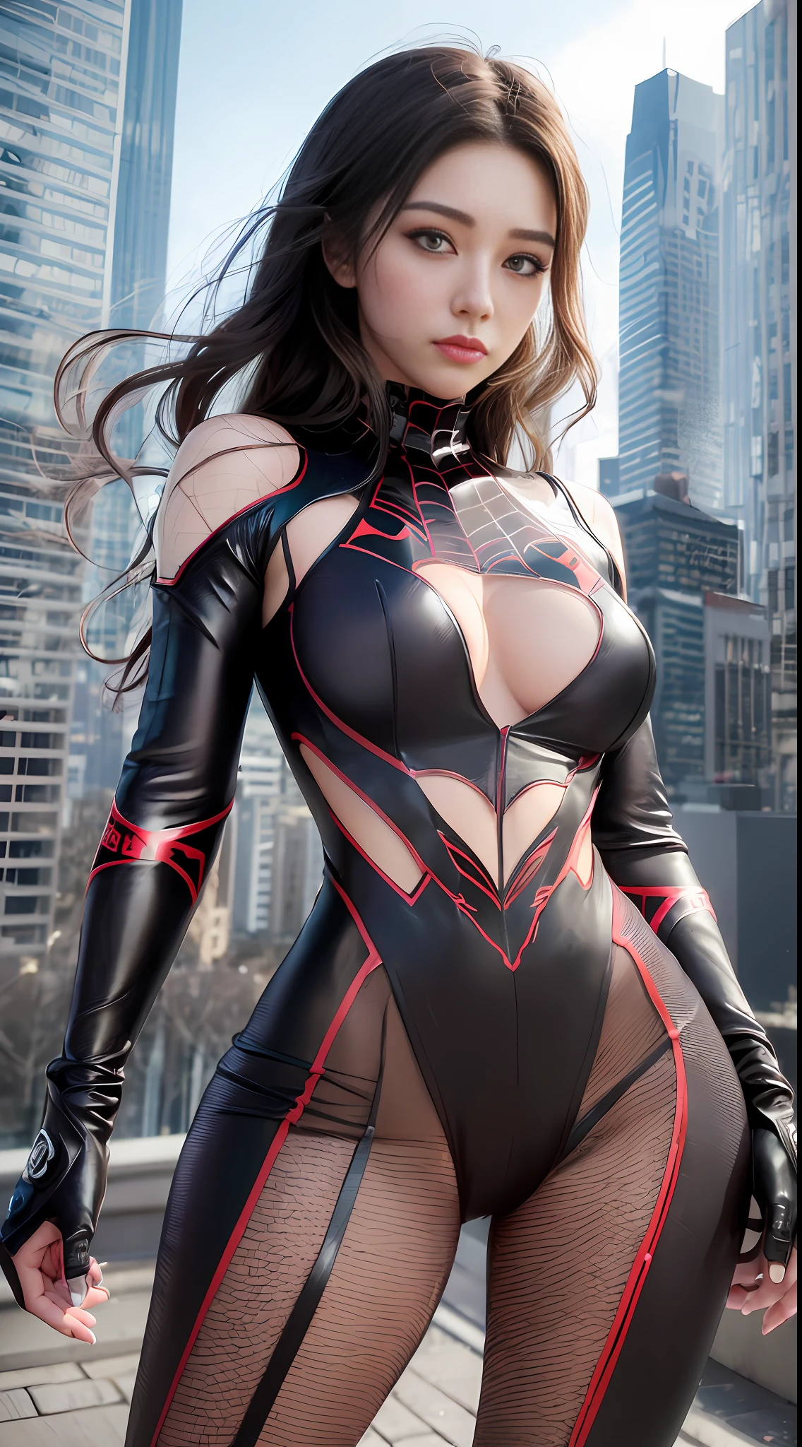 (1 girl:1.3), Solo, (((Highly detailed face)))), ((Highly detailed eyes and face)))), Beautiful detailed eyes, Body parts__, official art, unified 8k wallpaper, ultra detailed, beautiful and beautiful, beautiful, masterpiece, best quality, original, masterpiece, ultra fine photography, best quality, ultra high definition, realistic realism, sunlight, full body portrait, amazing beauty, Dynamic pose, delicate face, vivid eyes, (from the front), she is in a spider-man suit, red and black color scheme, spider, highly detailed city roof background, rooftop, overlooking the city, detailed face, detailed complex busy background, messy and gorgeous milky white, highly detailed skin, realistic skin details, visible pores, clear focus, volumetric fog, 8k UHD, DSLR, high quality, Film grain, fair skin, photorealism, lomography, futuristic dystopian megalopolis, translucent, eros, clothes with chest visible, crotch area full visible design