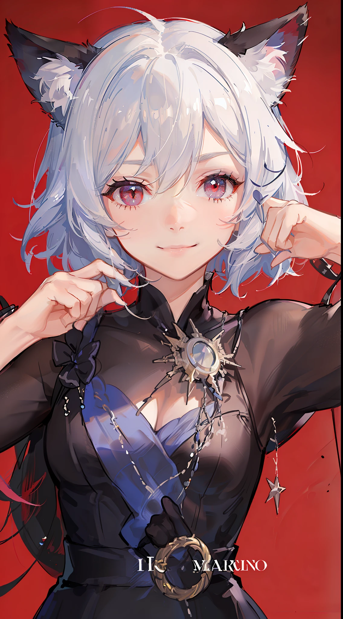 Young guy, short white hair, red eyes, cat ears, dressed like a pop idol, smile, masterpiece, high quality