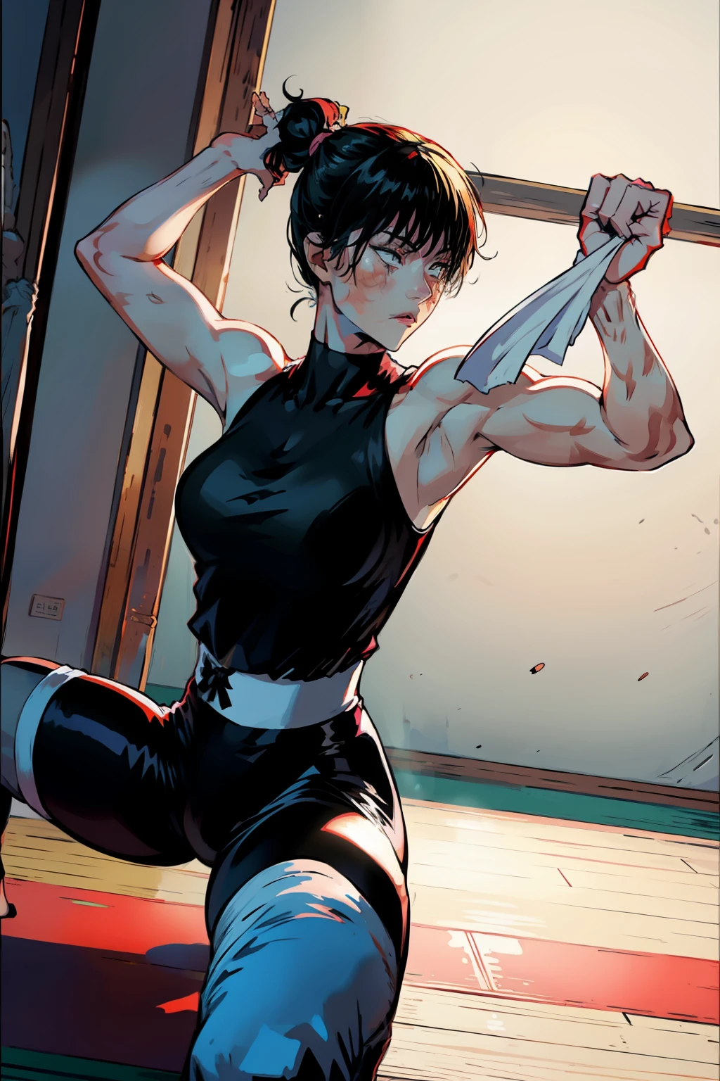 woman doing a yoga pose, in a dojo, martial art pose, powerful posture, karate pose, fighting posture, combat dancer portrait, combat posture, in a fighting posture, fighter pose, posing for an intricate fight, capoeira, inspired by Ma Quan, in a fighting pose, fighting pose, power posture