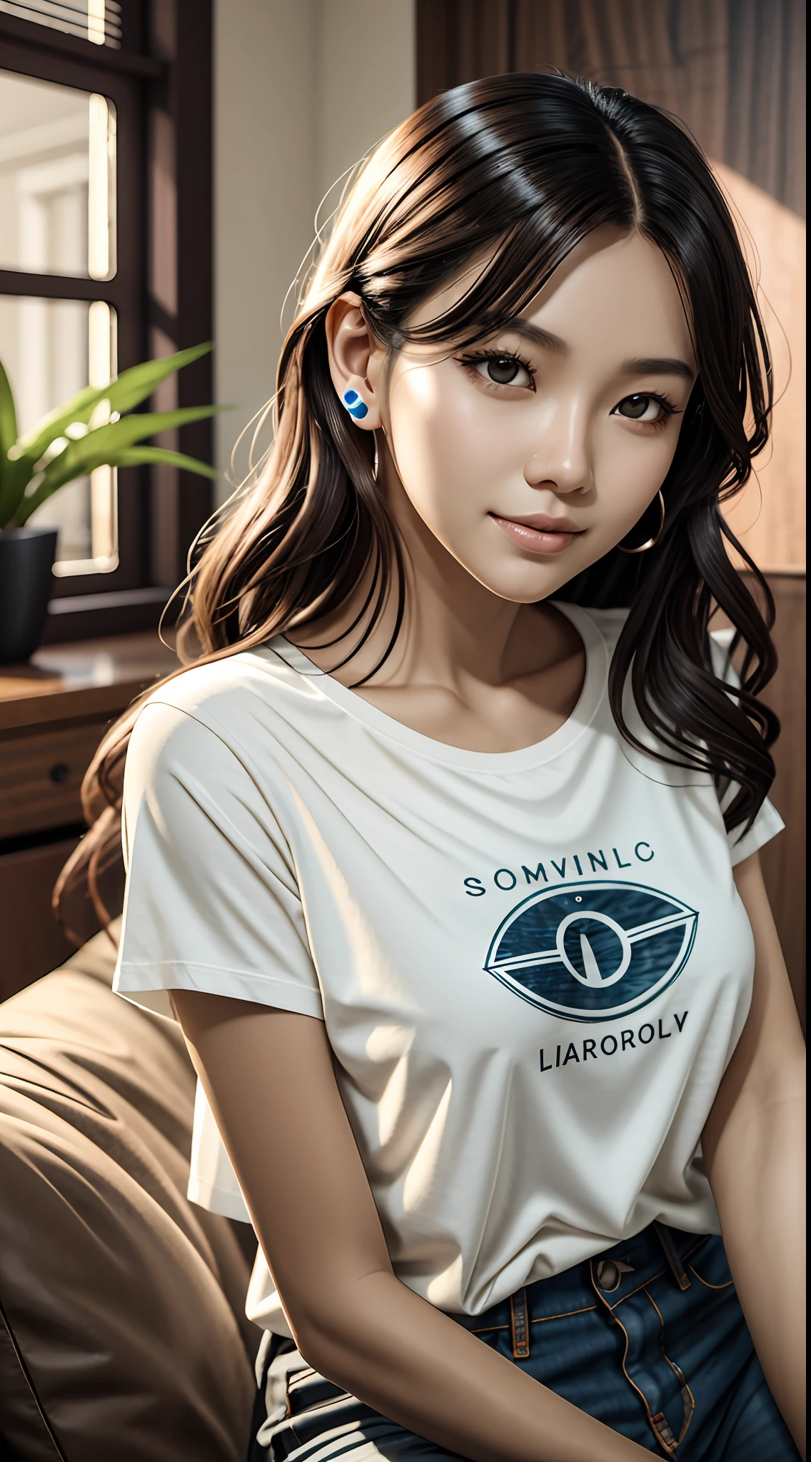 [25-year-old female],[face: round], [eyes: almond eye shape, brown color, thick and curved eyebrow shape], [Nose: Sticky shape, small hole], [Mouth: thick lip shape, Neat teeth], [Chin: Tyre chin shape, Sunken chin], [Hair: Long hairstyle, black color,], [Ears: Small ear shape], [skin: white skin color, Smooth skin texture], [Facial expression: smile], [Activity: Sitting on the sofa in the living room],
[Top clothes: T-shirt, brown color, plaid pattern, delicate texture, casual wear style, folded clothing design, well-maintained clothing condition]
Professional photograph of a stunning woman detailed, cinematic lightning, octane render, unreal engine, volumetrics dtx