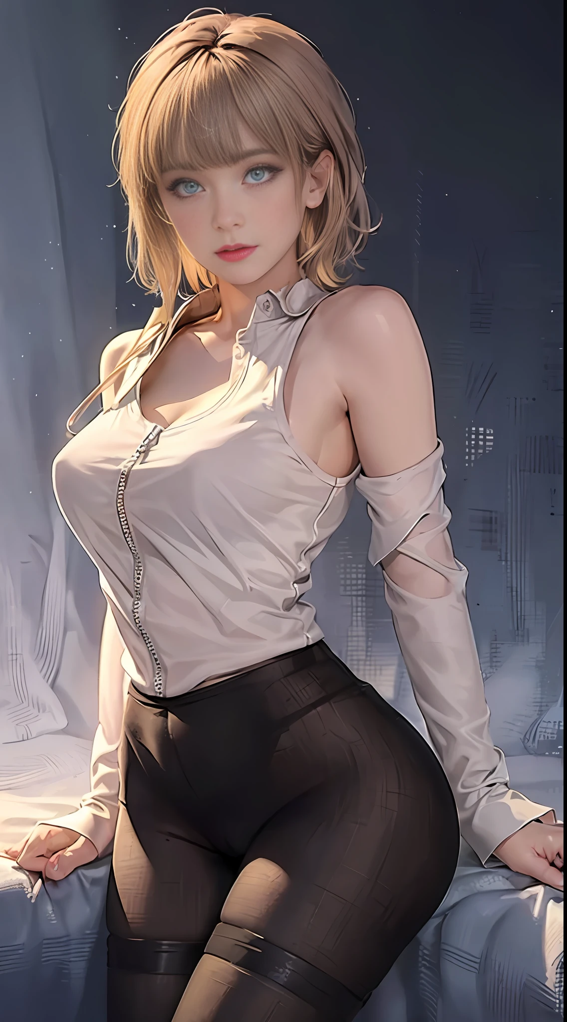(Master Masterpiece: 1.2), Best Quality, High Resolution, Original, Ultra HD, Very Detailed Wallpaper, Perfect Lighting, Light White Blonde Pink Hair, (Very detailed CG: 1.2), ((bare pubic hair: 1.5)), no panties, ((transparent clothes: 1.2)), full body, pantyhose, no bra, photorealistic ((Cameltoe: 1.5)), 8k, perfect artwork, ultra-detailed rendering, highest quality, high resolution, detail maniac, realistic eyes, best quality, delicate face, detailed body limbs, 1 girl, solo, sleeveless clothes, sleeveless shirts, fishnet clothes, dark lips, Unzipped jacket, bare breasts, blush, highlight, superb breasts, superb figure, flesh, tinted, transparent clothes, skinny, open pants, slim,