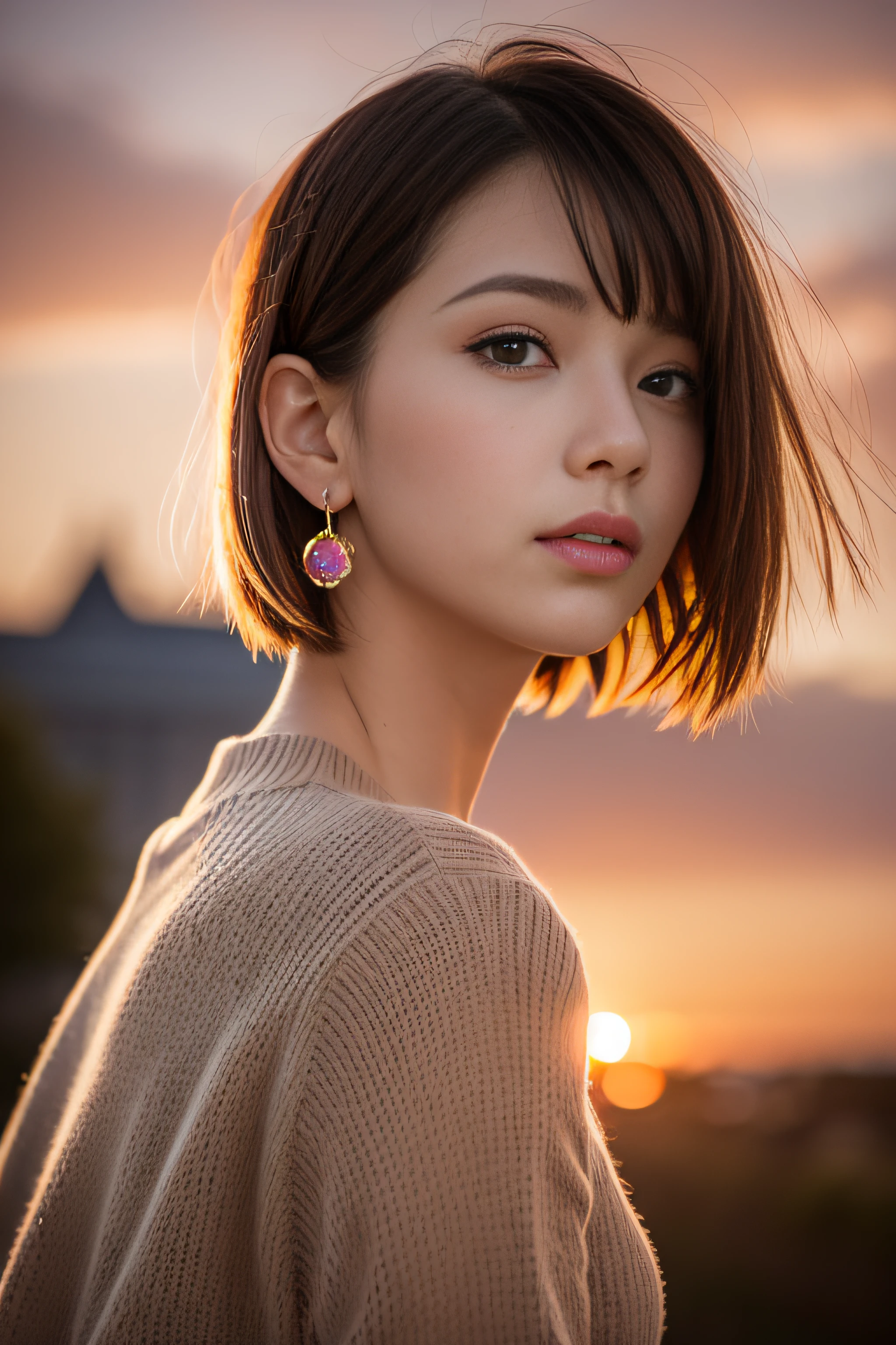 outdoor, sunset, dusk, , castle, red_sky, sunlight, sunrise, backlit, clouds, cloudy_sky, mountainous_horizon, orange_sky, attention, (close-up), pink dress, shirt with white collar, jewelry, collarbone, earrings, Sliver_hair, aqua_eyes, short hair, blue eyes, parted_ bangs, White_ribbon on the head, 1 girl, 20 years old, mature woman, beautiful fingers, beautiful long legs, beautiful body, beautiful nose, beautiful character design, perfect eyes, perfect face, look viewer, NSFW, official art, highly detailed CG Unity 8k wallpaper, perfect lighting, colorful, Bright_Front_face_Lighting, (Masterpiece: 1.0), (best_quality:1.0), Ultra High Definition, 4K, Ultra Detail, Photography, 8K, HDR, High Definition, Absurdity: 1.2, Kodak Portra 400, Film Grain, Blurry Background, Bokeh: 1.2, Lens Flare, (vibrant_color:1.2) (large_Breasts:1.2) (Beautiful,:1.4), (beautiful_face:1.5),(narrow_waist),