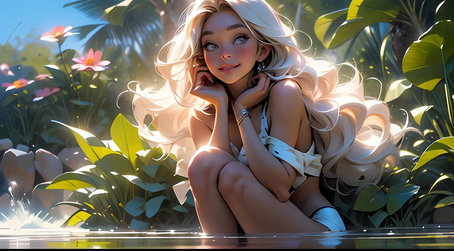melancholy lighting, quiet, calm, brightness, masterpiece, best quality, 1girl, (JinxLol:1.2), (ultra photorealistic:1.3), (masterpiece:1.4), best quality, ((realistic)), high quality, ultra detailed, ((real image)), ((realistic skin)), ((realistic face)),(illustration:1.05), (beautiful:1.05), (beautiful detailed eyes:1.05), (cinematic light:1.1), full body, precise proportions, 18 year old girl, slim model BATHING in the sea, waves, hair RED fluttering in the wind, detailed bikini, long legs, slightly open feet, buttocks, blush, shyness, collarbone, abdominals, double weave, beautiful and delicate face, fair skin, real skin, (detail face), pores, super high resolution, 8k, parameters Best quality, masterpiece, super high resolution, (Realistic 2.0), More details, detailed skin, wide smile, white teeth, GINGER BLONDIE hair voluminous, perfect and well-designed eyes, girlfriend, beautiful, beautiful, flowers, studio lighting, BLUE SKY BACKGROUND