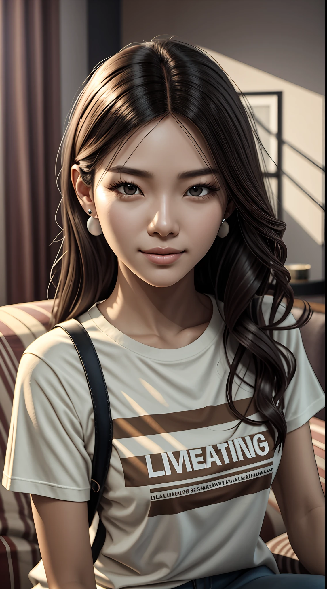 [25-year-old female],[face: round], [eyes: almond eye shape, brown color, thick and curved eyebrow shape], [Nose: Sticky shape, small hole], [Mouth: thick lip shape, Neat teeth], [Chin: Tyre chin shape, Sunken chin], [Hair: Long hairstyle, black color,], [Ears: Small ear shape], [skin: white skin color, Smooth skin texture], [Facial expression: smile], [Activity: Sitting on the sofa in the living room],
[Top clothes: T-shirt, brown color, plaid pattern, delicate texture, casual wear style, folded clothing design, well-maintained clothing condition]
Professional photograph of a stunning woman detailed, cinematic lightning, octane render, unreal engine, volumetrics dtx
