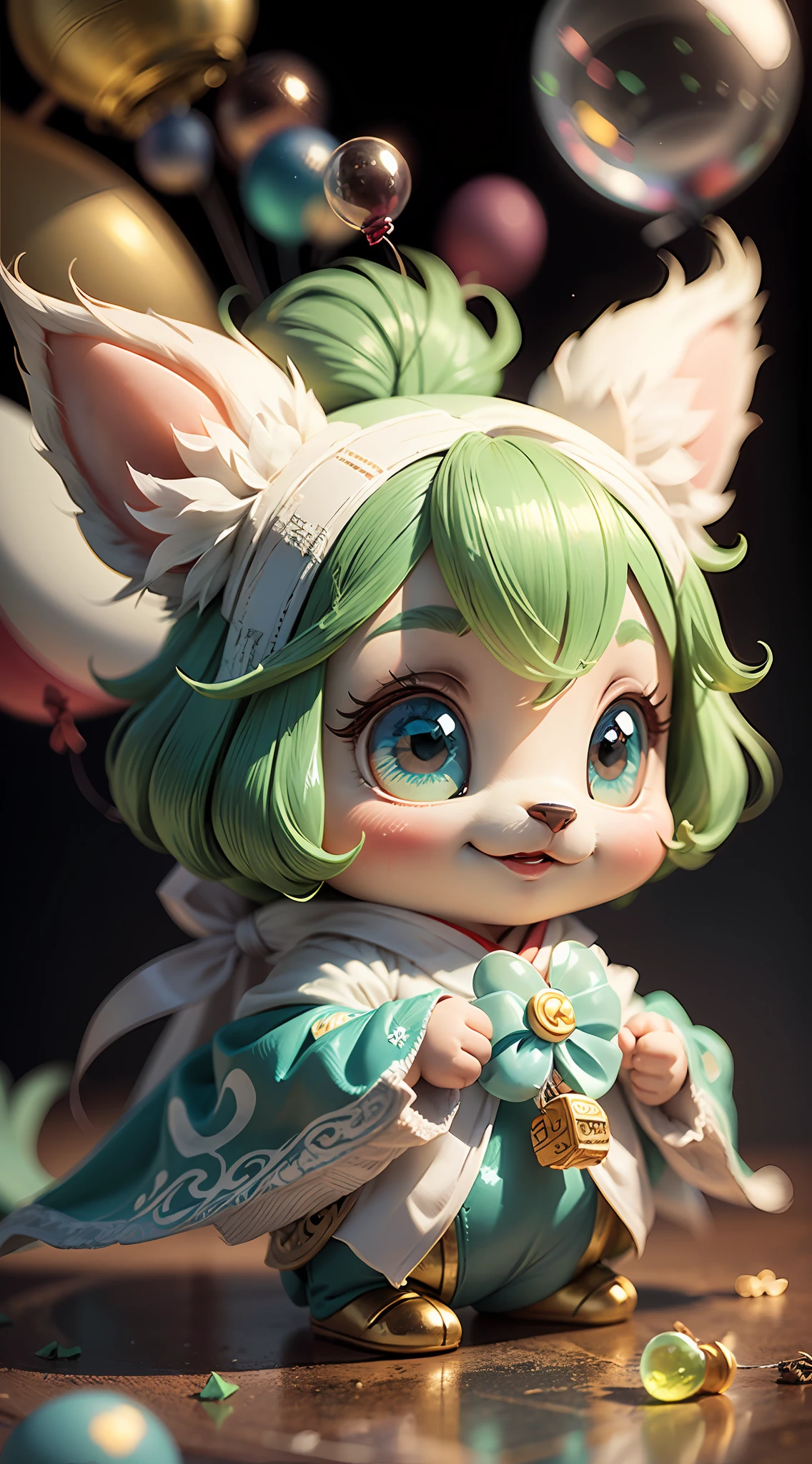 Maltese, big ears, happy smile, (wearing Hanfu), long hair, furry, big eyes, soft ((best quality)), ((masterpiece)), (hair accessory)( extreme detail, supreme detail, official art, beauty and aesthetics:1.2), depth of field, composition ( (whole body) ), (chibi), (beautiful and detailed eyes: 1.3), (very happy: 1) (light mint green and gradient white), popmart blind box, clay texture, (transparent balloon, cloud decorative background), Natural light, best quality, super detail, 3D art, C4D, blender, OC renderer, 3D rendering, 8K --auto --s2
