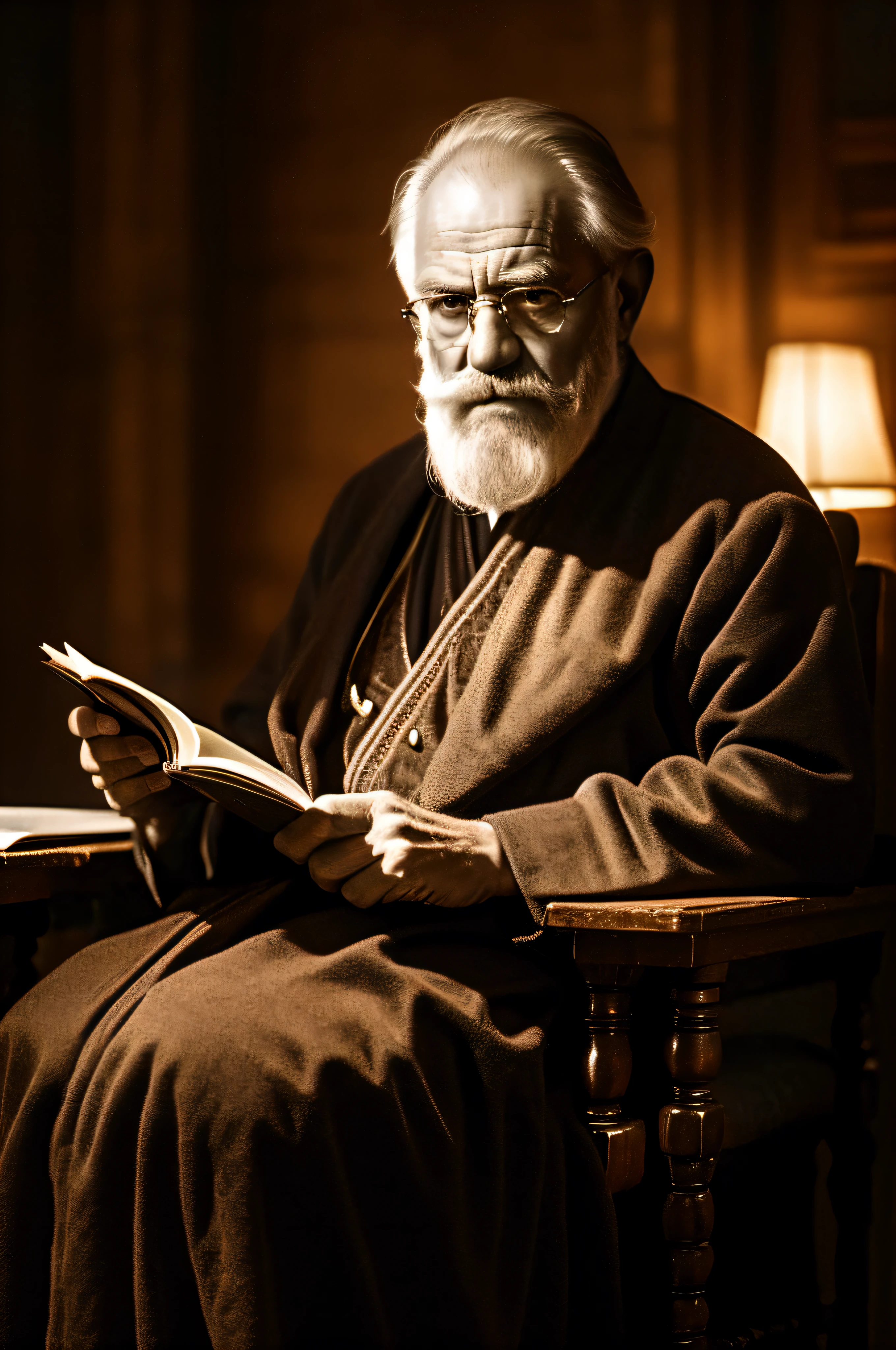 an old man reading an old book, twilight light, warm atmosphere, cultured atmosphere, (masterpiece) (perfect proportion) (photo realistic) (best quality) (detailed) (8k) (HDR) (wallpaper) (cinematic lighting) (sharp focus) (intricate)