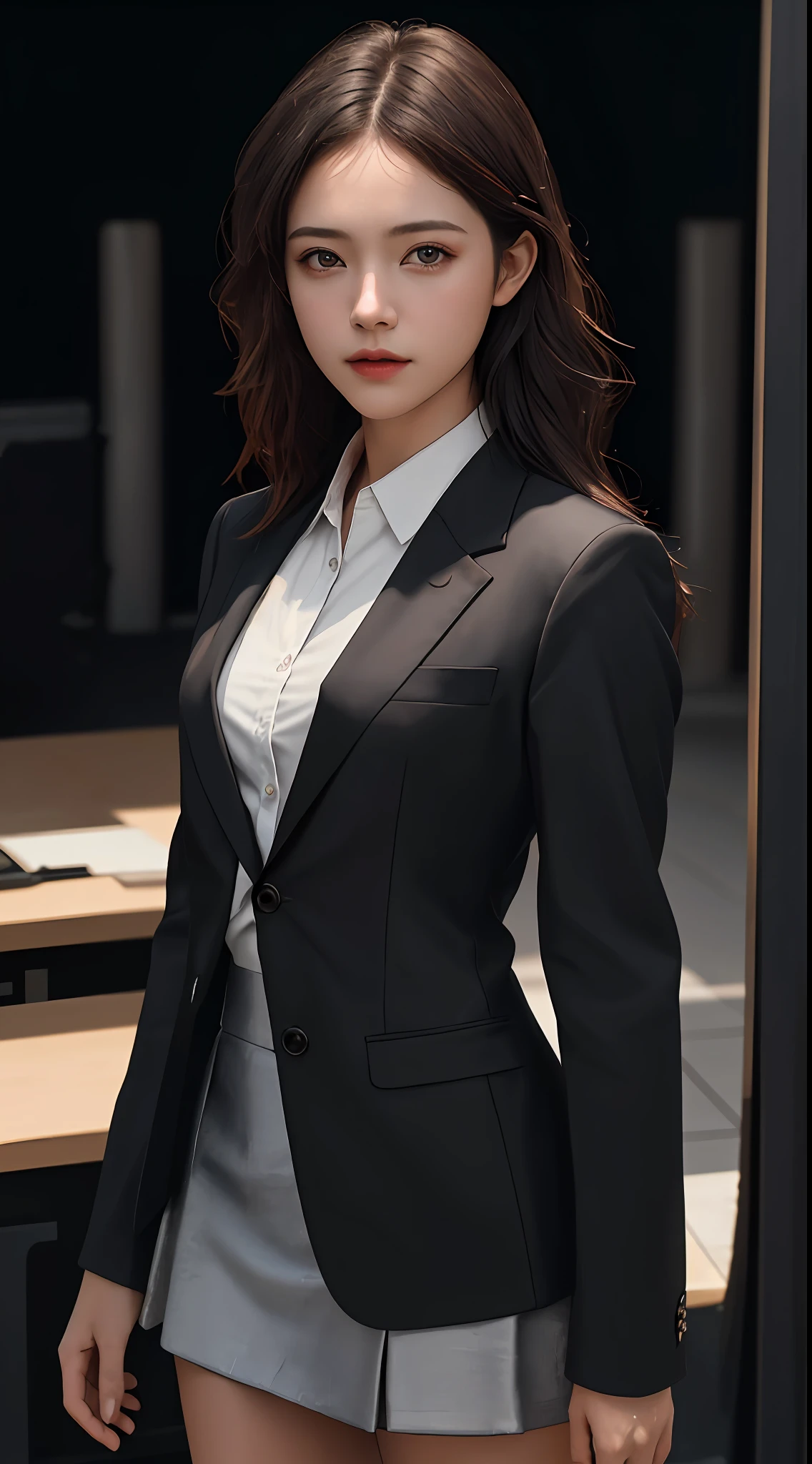 Top Quality, Masterpiece, 1 Girl, Beautiful Face, (Photorealistic Picture:1.3), Rim Lighting, (High Detail Skin:1.2), 8K UHD, DSLR, High Quality, High Resolution, 4K, 8K, Bokeh, Absurdity, Best Ratio Four Fingers and One Thumb, (Real:1.3), Small Face, Cute One Girl, Black Formal Blazer, Middle ??????, Short Skirt,Office