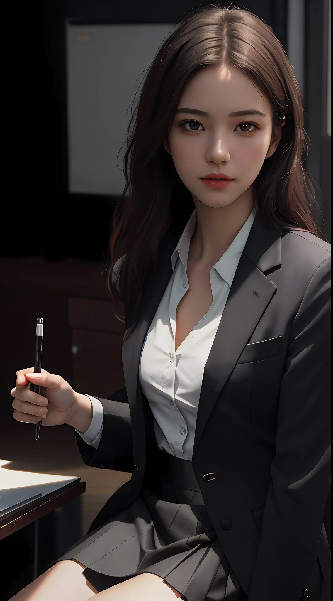 Top Quality, Masterpiece, 1 Girl, Beautiful Face, (Photorealistic Picture:1.3), Rim Lighting, (High Detail Skin:1.2), 8K UHD, DSLR, High Quality, High Resolution, 4K, 8K, Bokeh, Absurdity, Best Ratio Four Fingers and One Thumb, (Real:1.3), Small Face, Cute One Girl, Black Formal Blazer, Middle Breast, Short Skirt,Office