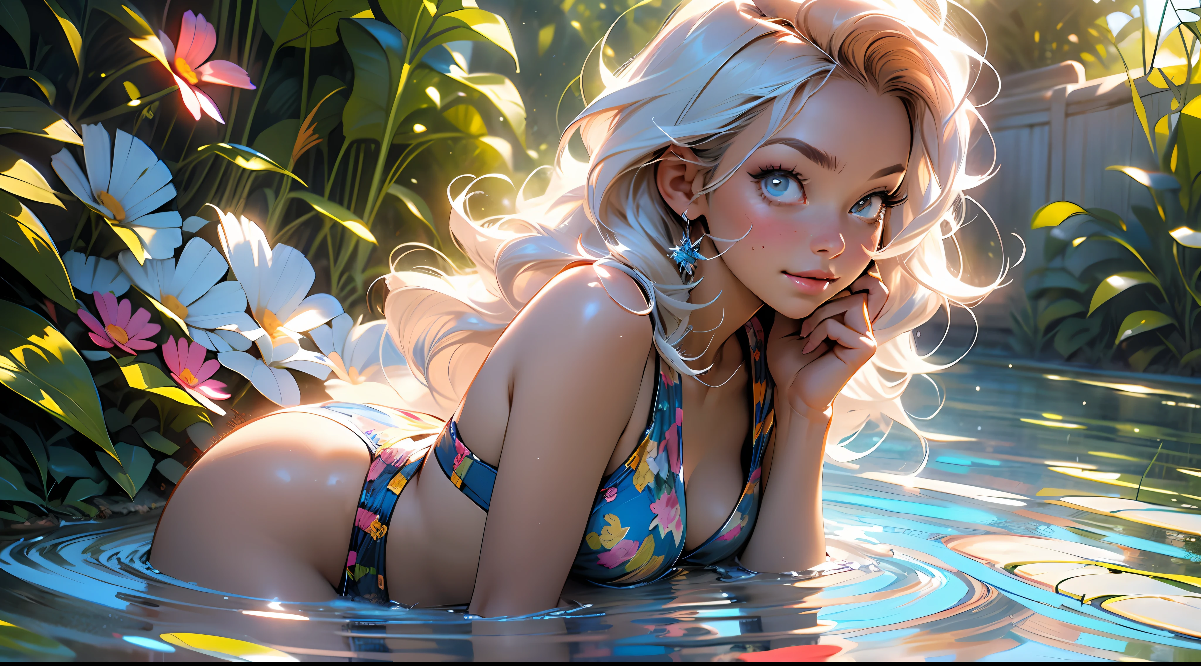 melancholy lighting, quiet, calm, brightness, masterpiece, best quality, 1girl, (JinxLol:1.2), (ultra photorealistic:1.3), (masterpiece:1.4), best quality, ((realistic)), high quality, ultra detailed, ((real image)), ((realistic skin)), ((realistic face)),(illustration:1.05), (beautiful:1.05), (beautiful detailed eyes:1.05), (cinematic light:1.1), full body, precise proportions, 18 year old girl, slim model BATHING in the sea, waves, hair RED fluttering in the wind,  detailed ??????, long legs, slightly open feet, ????????, blush, shyness, collarbone, abdominals, double weave, beautiful and delicate face, fair skin, real skin, (detail face), pores, super high resolution, 8k, parameters Best quality, masterpiece, super high resolution, (Realistic 2.0), More details, detailed skin, wide smile, white teeth, GINGER BLONDIE hair voluminous, perfect and well-designed eyes, girlfriend,  beautiful, beautiful, flowers, studio lighting, BLUE SKY BACKGROUND