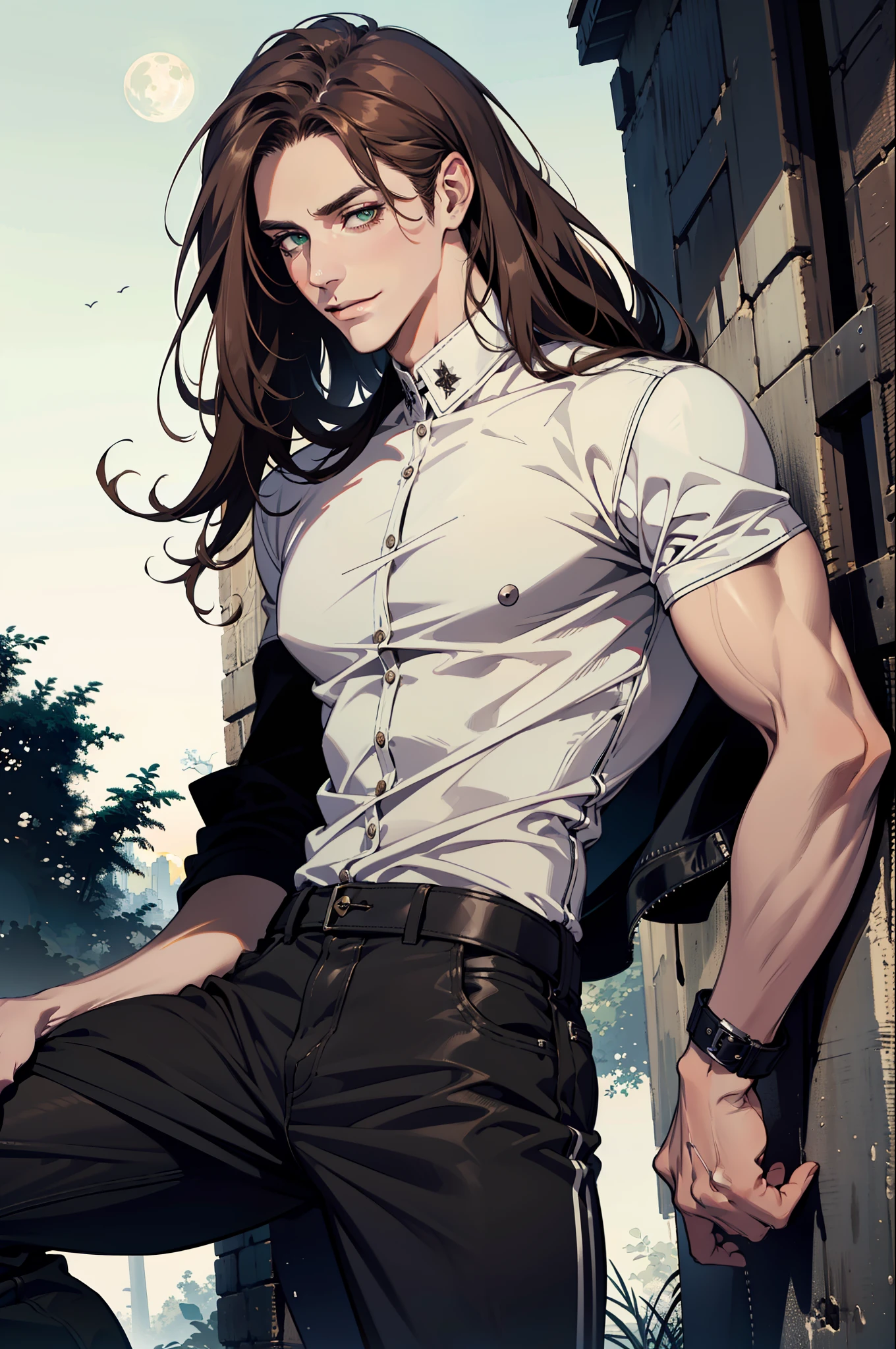 (absurdres, highres, ultra detailed), 1man, 30 years old man, adult man, handsome, tall,, finely detailed eyes and detailed face, black leather pants, white shirt, night, smile, dutch angle, ((long hair, brown hair)), moon, forest, bad boy, gothic, dark, looking at the view, pale skin, green detailed eyes, eyeliner, (masculine), sexy, smirk, seductive, slightly muscular, very attractive, flirtatious, mature, ((adult mature face)), medium large shoot, (MLS), conceited, egocentric