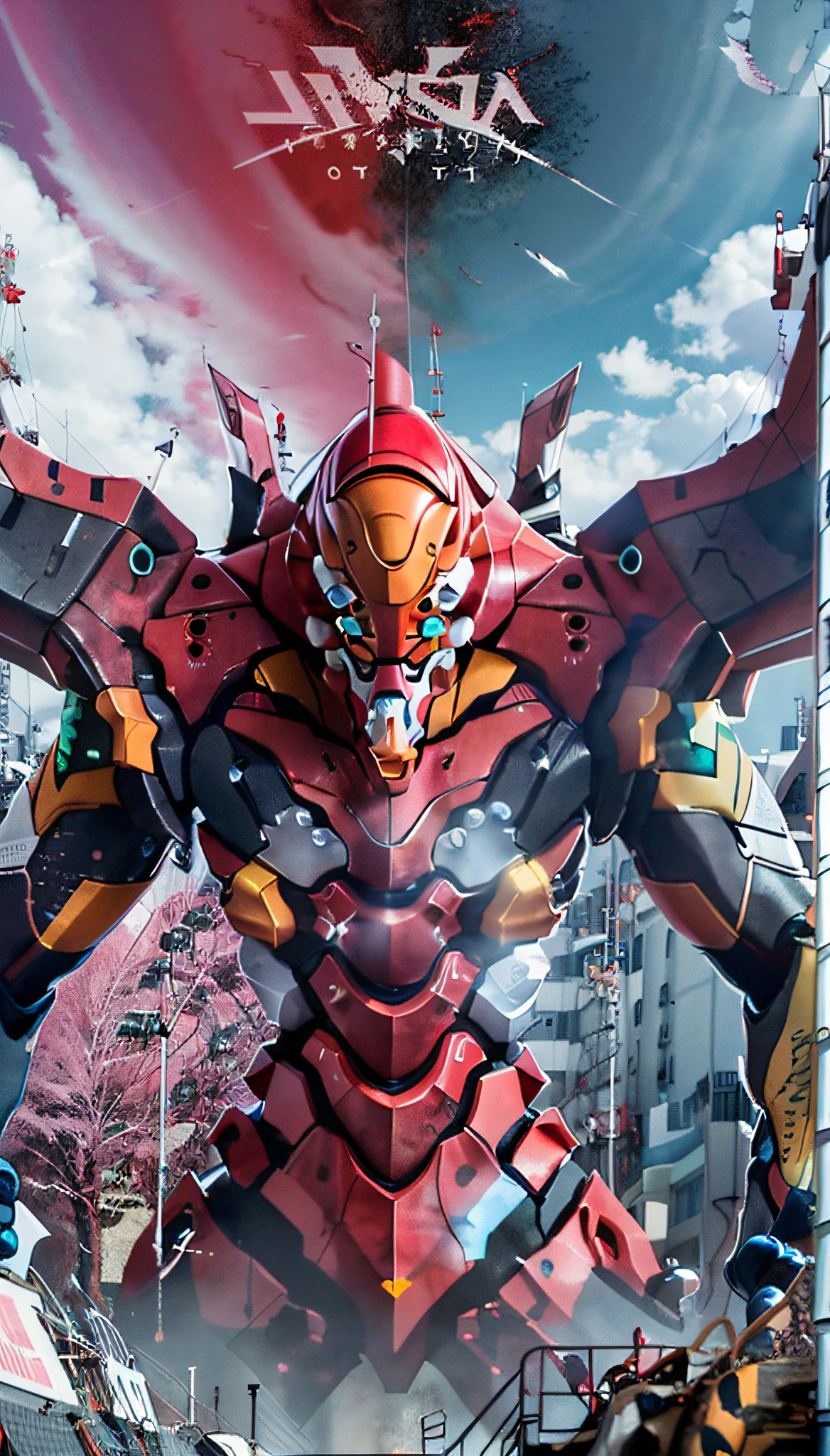 (Eva 02), God Eva, Evangelion Mecha, Science Fiction, Looking at the Audience, 3d Rendering, (Official Art, Best Quality, Masterpiece: 1.2), Illustration, High Resolution, Beautiful Abstract Background, Futurism, Cyberpunk, Intense Angle,
