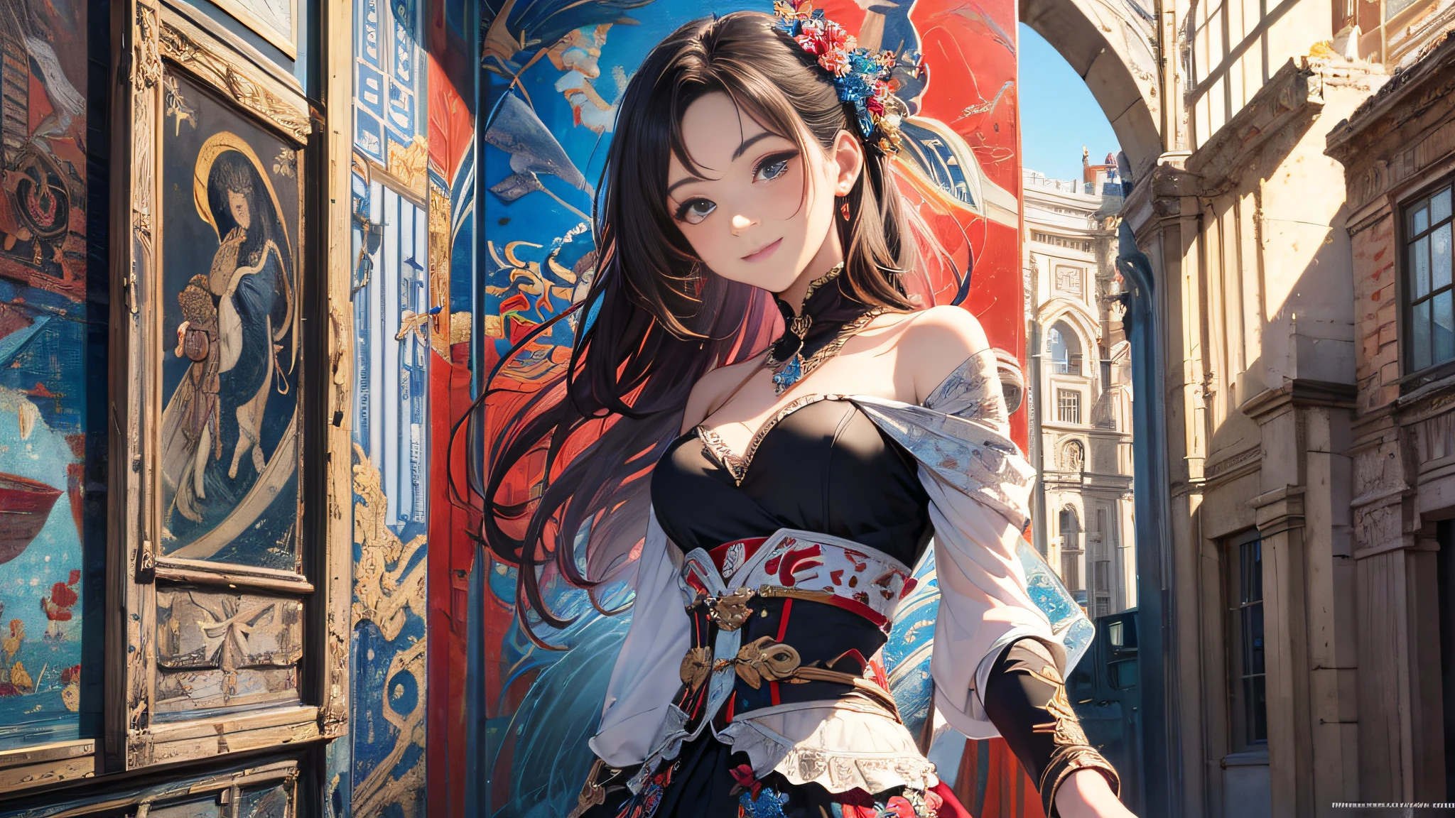 Masterpiece, Best quality, Young Beautiful Girl, Ultra Detailed, Official Art, Unity 8k wallpaper, red and blue, Seductive smile, Mural technique, (classic mural):1.2, Plaster surface, rich pigments, Timeless artistry, historical charm, Evocative storytelling