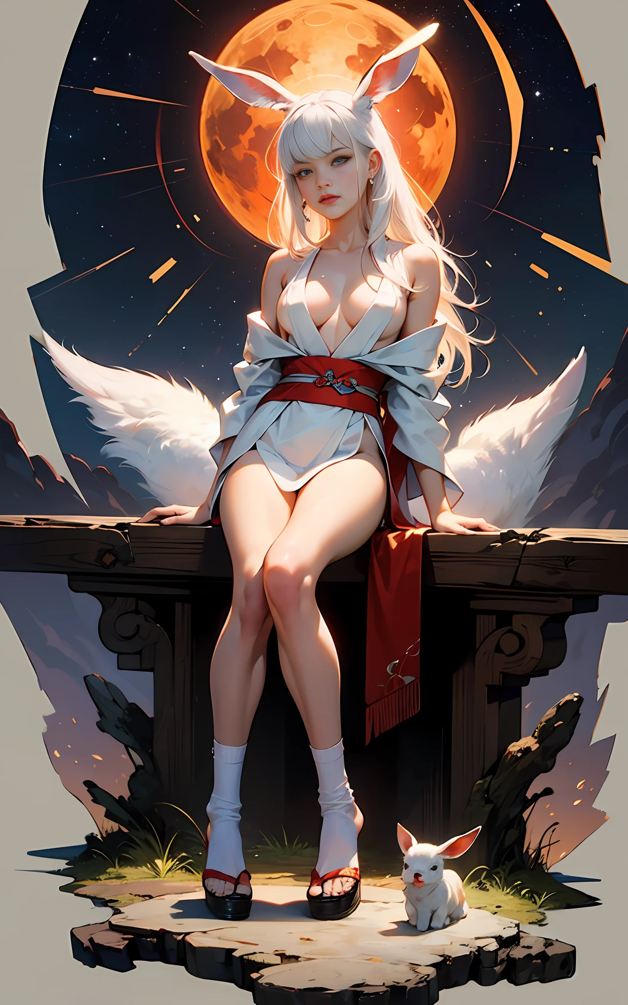 Best Image Quality, MasterPiece, Ultra High Resolution, (Accuracy: 1.4), Very beautiful girl, long straight hair, white hair with bangs, dressed in an unbuttoned kimono,  , , sitting in lotus position, detailed legs, (flawless ) (detailed ), perfect , white socks, short socks, hands pointing to the sides, tattoo on the whole body, tattoo on the body, reads mantras, against the background of the night starry sky stands a big fluffy Hare, Red Moon. detailed eyes, eyes of different colors, detailed face, ,, nfsw, beautiful detailed eyes, halo around the head, dull, dark, membranous, 1.5), ( clothing: 1.4),  shoulders.