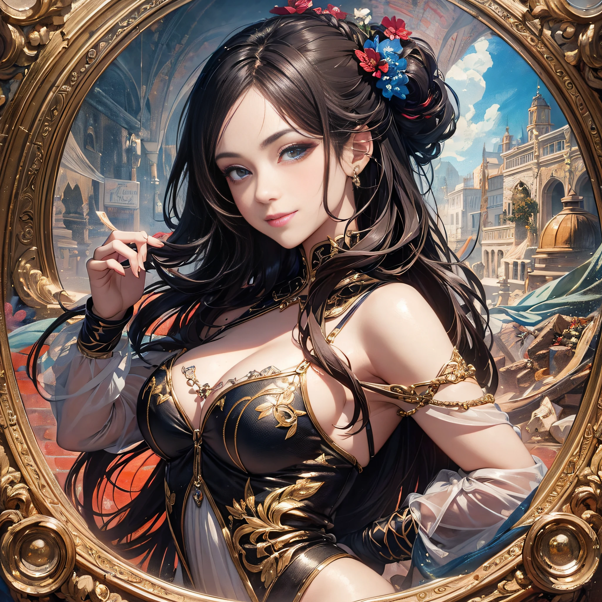 Masterpiece, Best quality, Young Beautiful Girl, Ultra Detailed, Official Art, Unity 8k wallpaper, red and blue, Seductive smile, Mural technique, (classic mural):1.2, Plaster surface, rich pigments, Timeless artistry, historical charm, Evocative storytelling