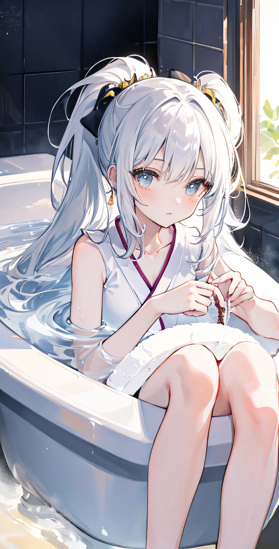 1 white-haired girl lying in bathtub in yukata, ponytail, face details, HUD, charming, beautiful face, bare legs, best quality, complex background, bathroom, sunlight from the window shining into the bathroom, sparkling water, reflection of light and shadow,