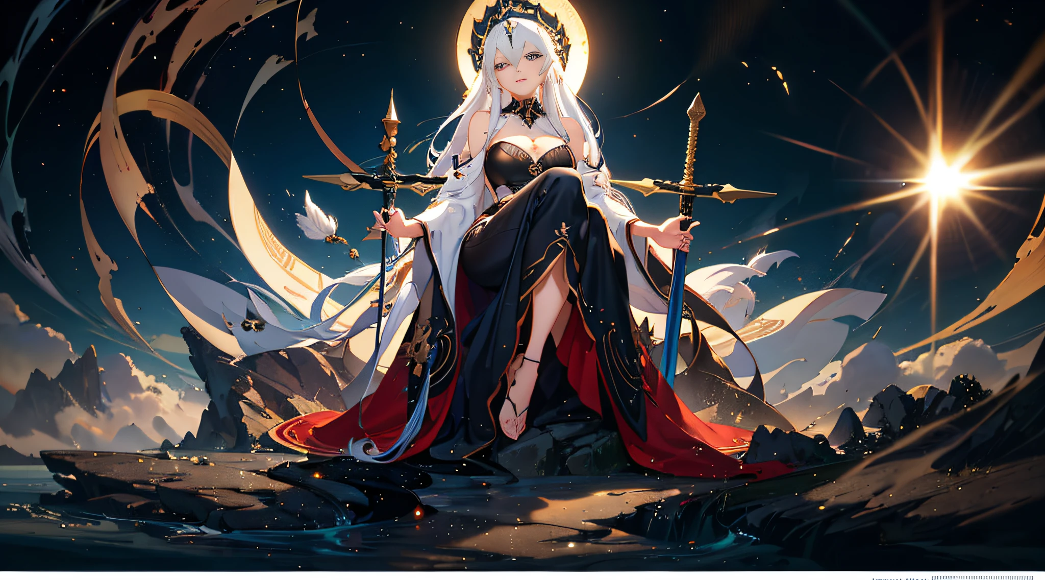 Anime, a woman in a black dress with a white headdress and a sword in her hand, Guvitz at the pixiv art station, the white-haired god, Guwiz in ArtStation Pixiv, Guillem H. Pongiluppi, Guwiz masterpiece, dark fantasy style art, Guvitz, Yang J, full body!! Minimalist details, rendered with SFM, Guillem H. Pongiluppi, high quality digital concept art, by Bayard Wu, concept art wallpaper 8K, 8K HD wallpaper digital art, (dynamic angle: 1.4), depth of field exotic_Dance, PerfectNwsjMajic, (Obra-prima, top quality, best quality, official art, Beauty and Aesthetics: 1.2), Extreme Detail, Colorful, Supreme Detail, Obra-prima, Best Quality T, Reality, Asian Goddess, Soft Curved Shape, Movie Goddess Body Shot, Beautiful Goddess, Pressing, Extremely Detailed Goddess Shot, Realistic, 1girl, Blue Hair, Blue Eyes, Glow Eyes, Cropped Top, Blush, Sun, Sunshine, Girl, Bare Shoulders, Huge Breasts, Hair Between Eyes,Long Hair, View Viewer, Parted Lips, Tongue sticking out, red eyes, simple background, necklace, shine , solo, V-arms, (shiny skin), (masterpiece: 1.4), (best quality: 1.4), ,,, Facigirl, red lips, (: 1.5), (transparent areola), chubby, huge, sweaty, fleshy ass, plump body,