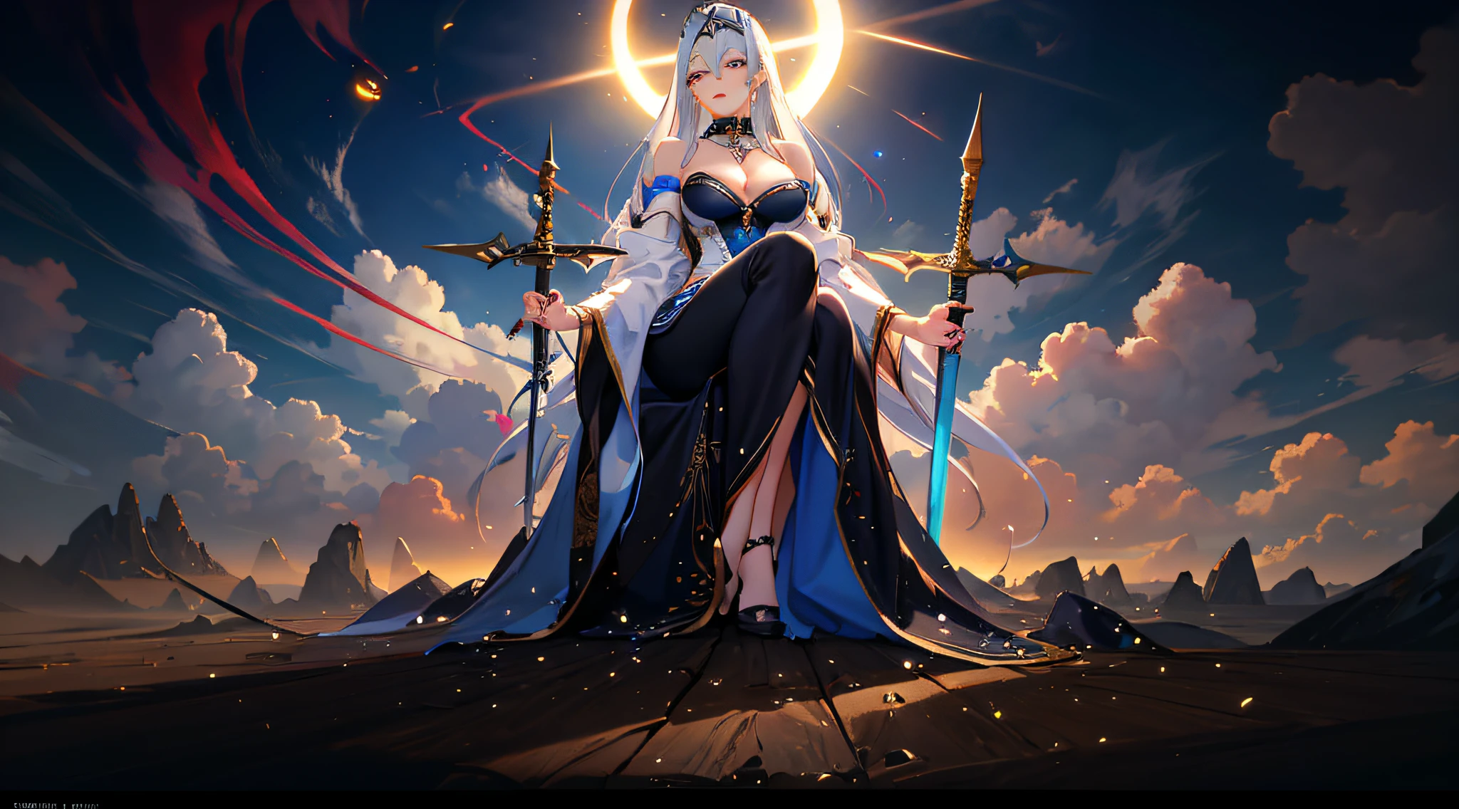 Anime, a woman in a black dress with a white headdress and a sword in her hand, Guvitz at the pixiv art station, the white-haired god, Guwiz in ArtStation Pixiv, Guillem H. Pongiluppi, Guwiz masterpiece, dark fantasy style art, Guvitz, Yang J, full body!! Minimalist details, rendered with SFM, Guillem H. Pongiluppi, high quality digital concept art, by Bayard Wu, concept art wallpaper 8K, 8K HD wallpaper digital art, (dynamic angle: 1.4), depth of field exotic_Dance, PerfectNwsjMajic, (Obra-prima, top quality, best quality, official art, Beauty and Aesthetics: 1.2), Extreme Detail, Colorful, Supreme Detail, Obra-prima, Best Quality T, Reality, Asian Goddess, Soft Curved Shape, Movie Goddess Body Shot, Beautiful Goddess, Pressing, Extremely Detailed Goddess Shot, Realistic, 1girl, Blue Hair, Blue Eyes, Glow Eyes, Cropped Top, Blush, Sun, Sunshine, Girl, Bare Shoulders, Huge Breasts, Hair Between Eyes,Long Hair, View Viewer, Parted Lips, Tongue sticking out, red eyes, simple background, necklace, shine , solo, V-arms, (shiny skin), (masterpiece: 1.4), (best quality: 1.4), ,,, Facigirl, red lips, (: 1.5), (transparent areola), chubby, huge, sweaty, fleshy ass, plump body,