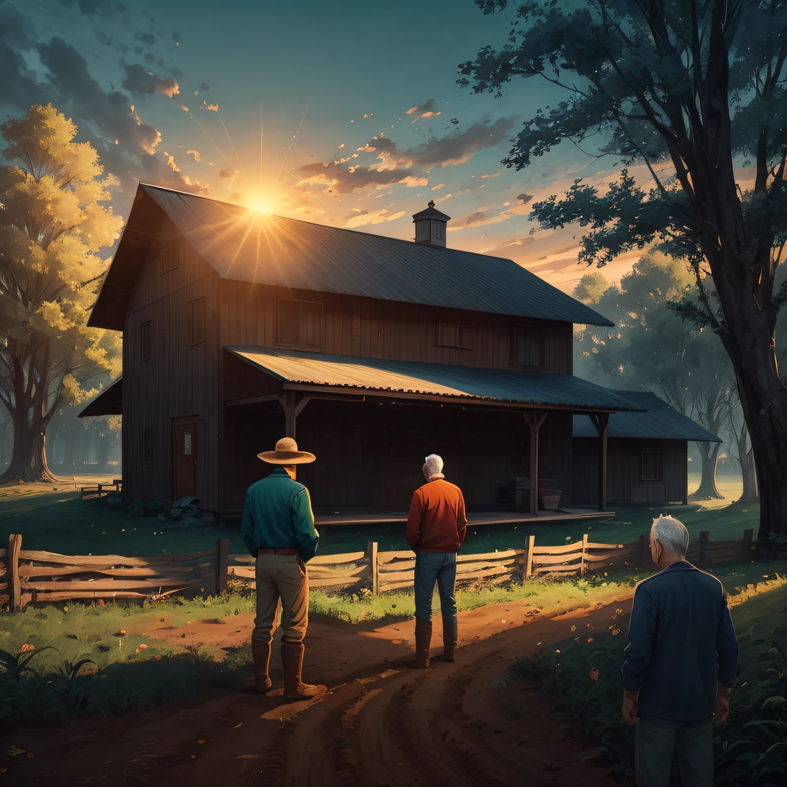 The image shows the farmer standing, with a calm and serene expression, talking to two neighbors. The farmer is dressed in typical clothes of a farmer, such as a straw hat and a long-sleeved shirt. He is leaning on a wooden fence, which delimits his property.

The neighbors are standing on the other side of the fence, looking at the farmer with curious expressions. One of them is older, with gray hair and a serious countenance. The other is younger, with an expression of surprise. Both are dressed in simple clothes that indicate their rural lifestyle.

The scene takes place in an open field with green vegetation in the background. The sun is shining in the sky, illuminating the conversation between the farmer and the neighbors. The atmosphere is quiet and peaceful, conveying a sense of harmony with nature. --auto