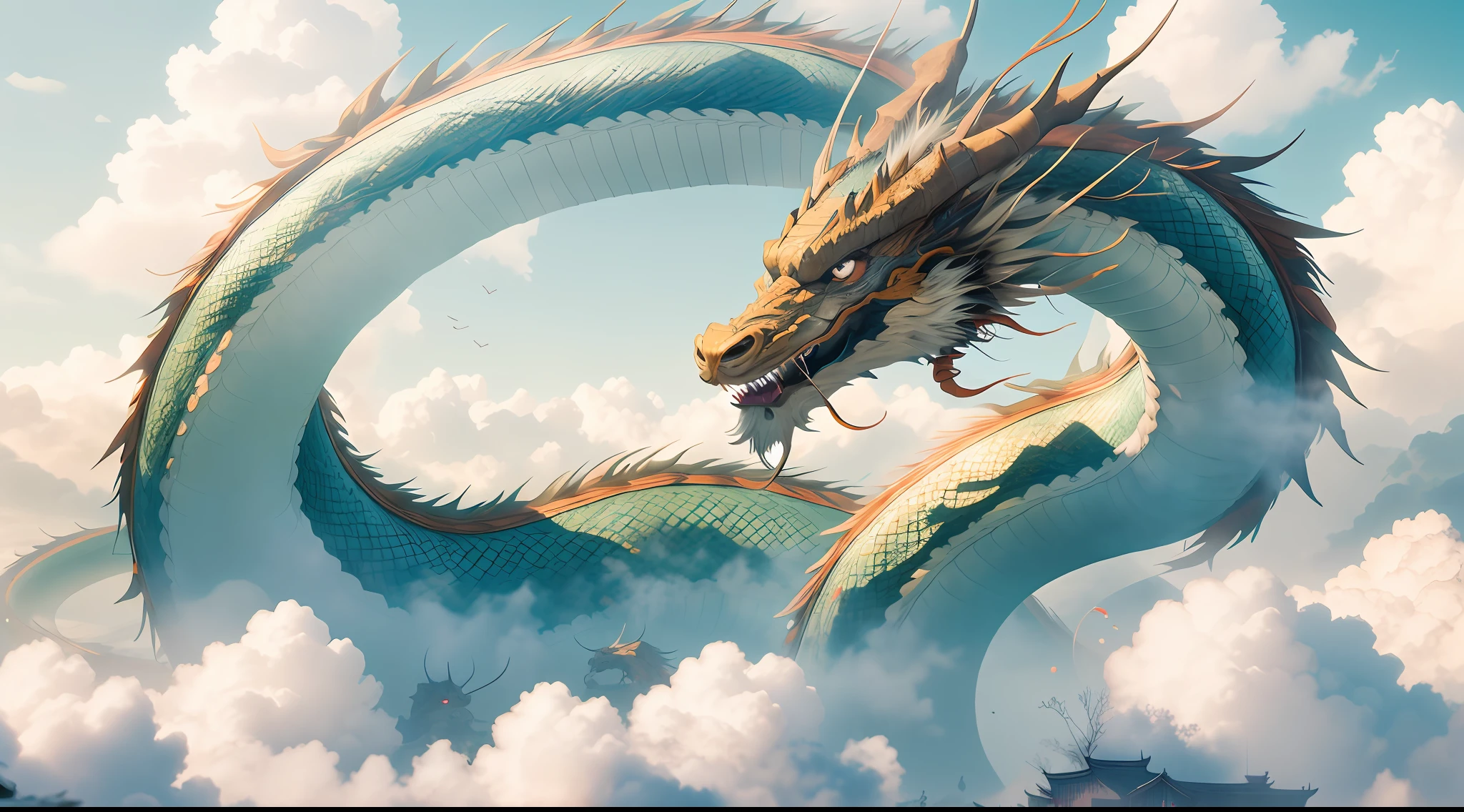 A beautiful white Chinese dragon is surrounded by white clouds and mist, adding an otherworldly touch to the scene. The white fur of the dragon is blown up by the wind, adding movement and fluidity to the picture. Use Midjourney's advanced brush tools to create complex textures on the dragon's dragon's head and body, and experiment with different color palettes and strokes to bring out the ethereal quality of the scene. The image of the Chinese dragon is sometimes obscured by the surrounding mist, which adds to the beauty of the Chinese dragon, and the five-clawed dragon, with big eyes, makes the scene full of mysterious and fascinating feelings. With a Chinese dragon in the white clouds and a bird's-eye view of the ancient Chinese complex below, with Midjourney's powerful tools, you can bring this captivating and ethereal scene to life with incredible detail and beauty. HDR, (Realism, Masterpiece Quality, Best Quality),