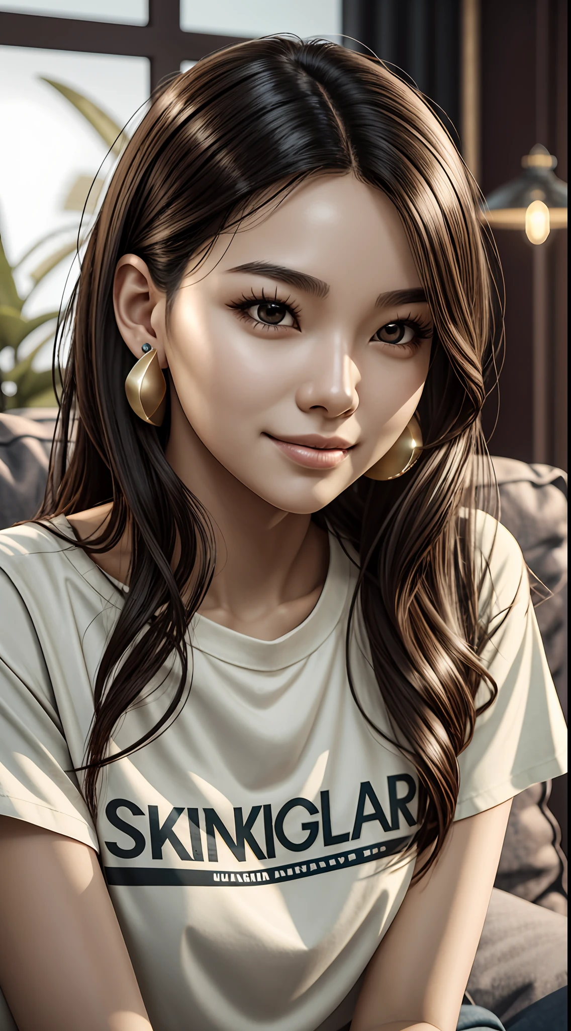 [25-year-old female],[face: round], [eyes: almond eye shape, brown color, thick and curved eyebrow shape], [Nose: Sticky shape, small hole], [Mouth: thick lip shape, Neat teeth], [Chin: Tyre chin shape, Sunken chin], [Hair: Long hairstyle, black color,], [Ears: Small ear shape], [skin: white skin color, Smooth skin texture], [Facial expression: smile], [Activity: Sitting on the sofa in the living room],
[Top clothes: T-shirt, brown color, plaid pattern, delicate texture, casual wear style, folded clothing design, well-maintained clothing condition]
Professional photograph of a stunning woman detailed, cinematic lightning, octane render, unreal engine, volumetrics dtx