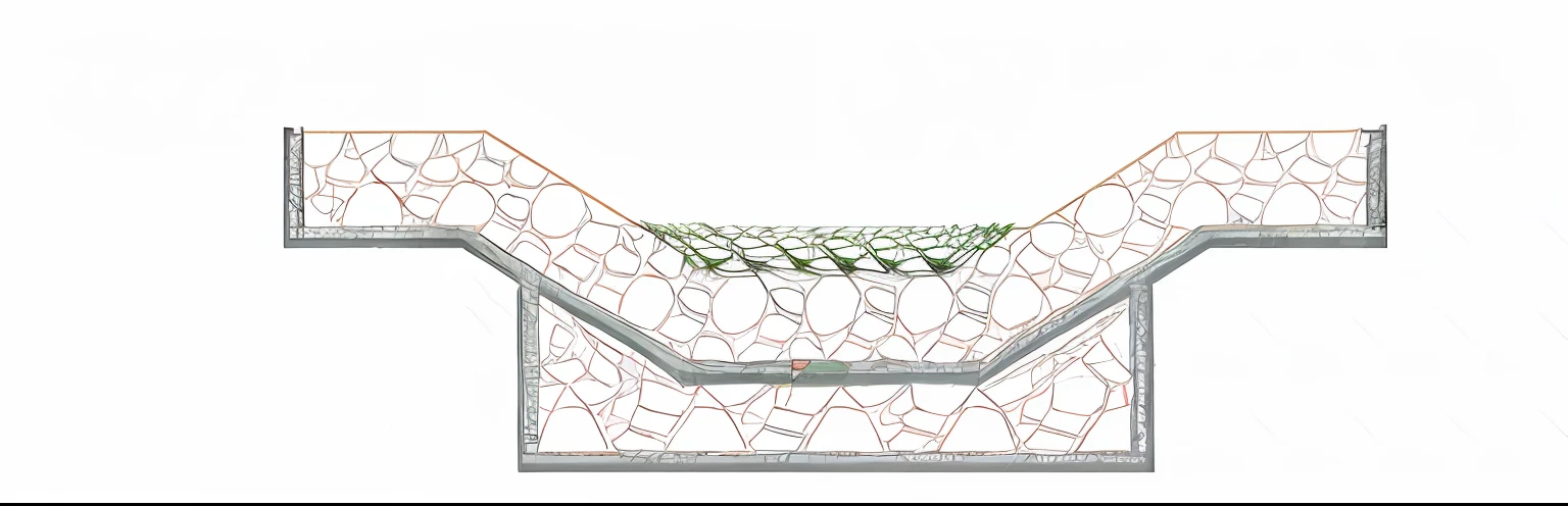 Render the image with texture of materials, replace the green line with low grass, replace the hatches with rock-like rockstones of varying sizes, replace the hatch with earthy lines with natural soil --auto