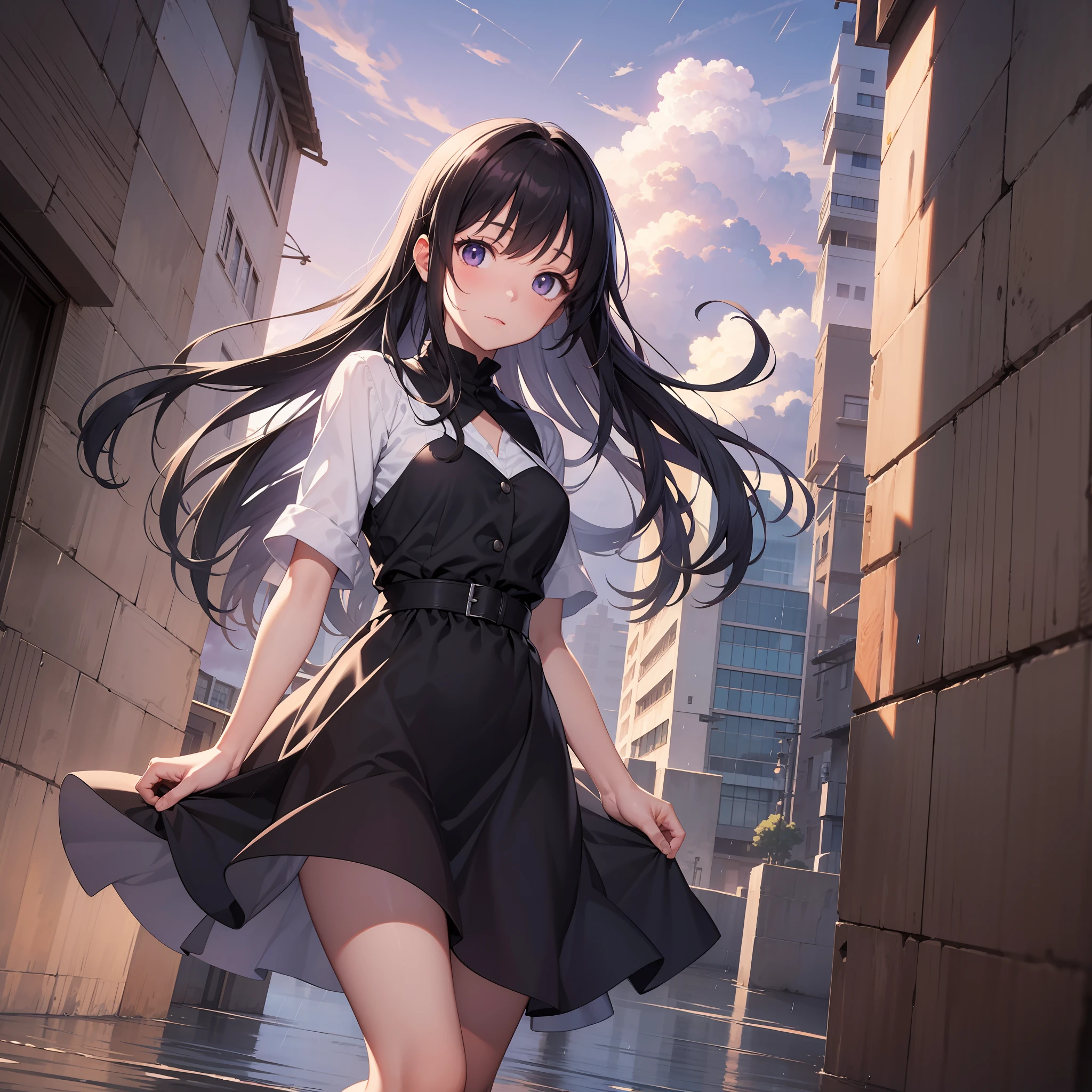 Best image quality Original character, volume lighting, long black hair, summer dress, background painting Ghibli wind, skyscraper ground on rainy day sea, black cumulonimbus clouds, purple sky Dusk
