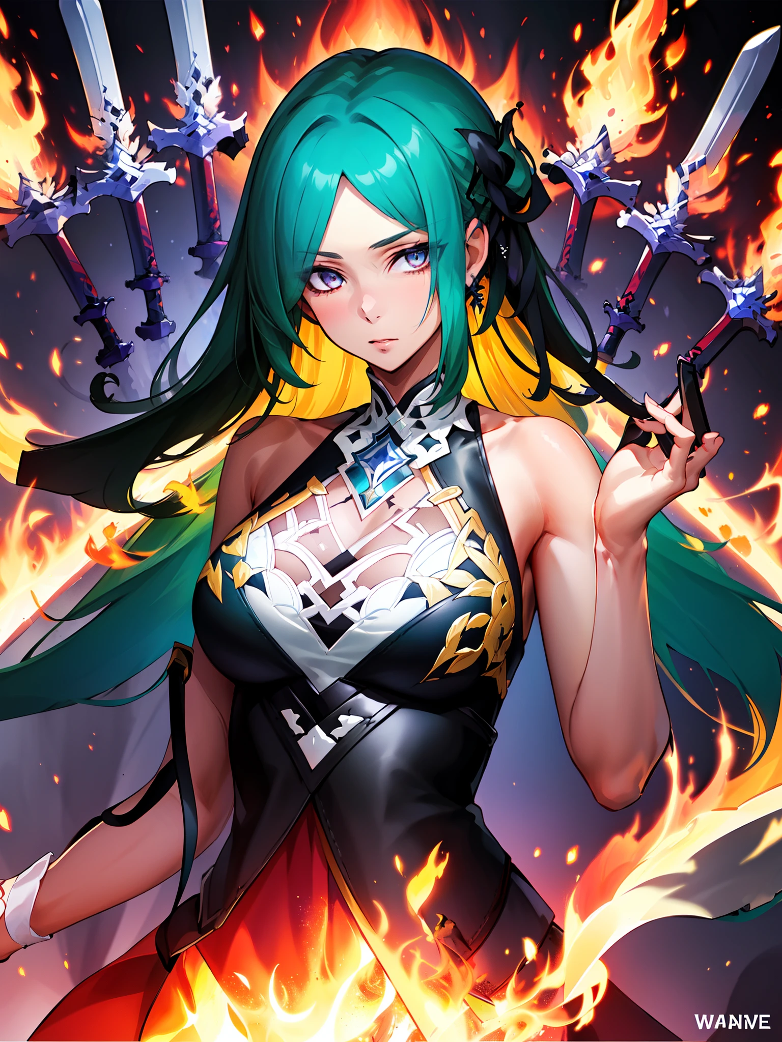 masterpiece, best quality,1girl,upper body,large breasts,head down,eyes up,ink splash,magical fire rain, green hair
wanjian,weapon,(glowing weapon)