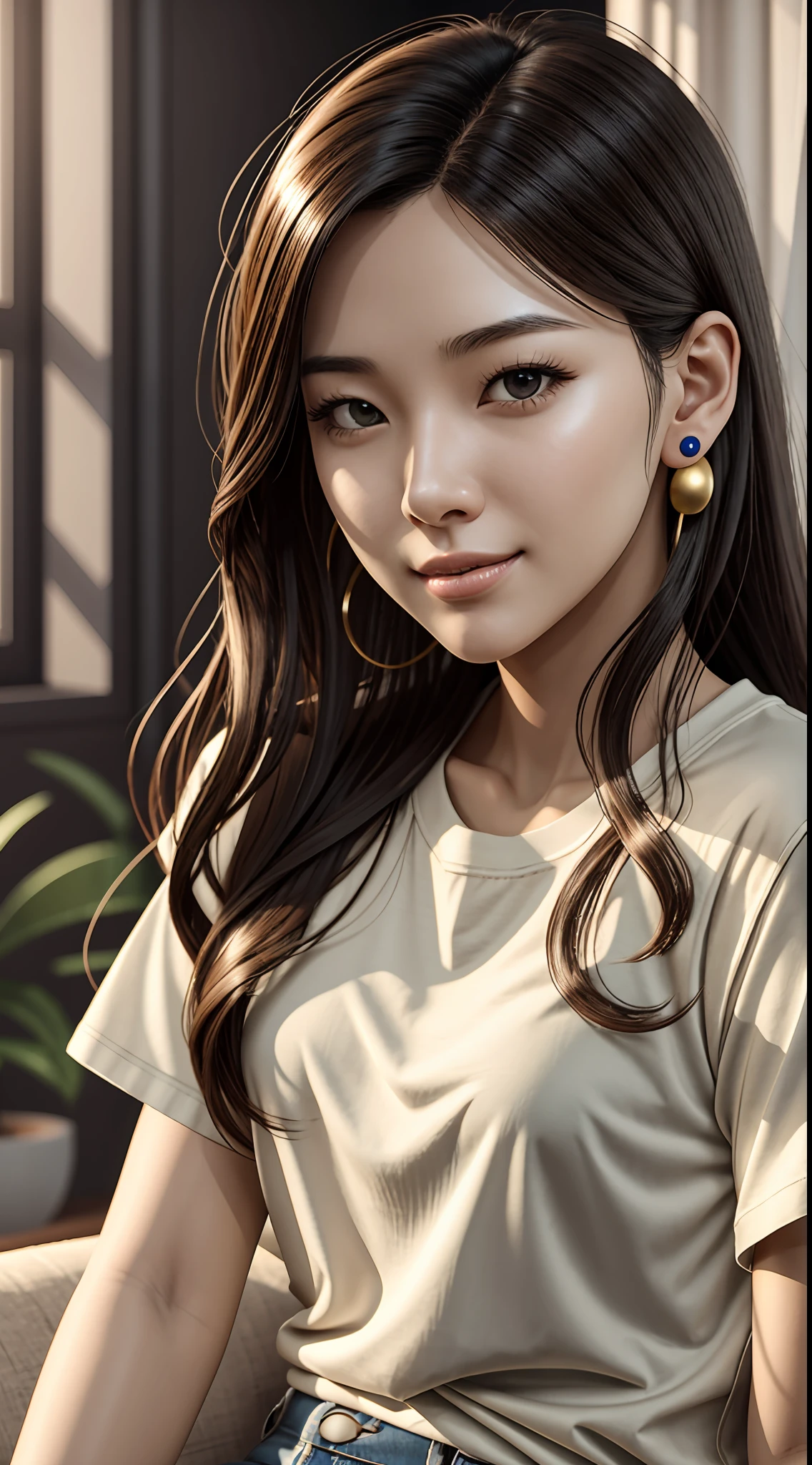 [25-year-old female],[face: round], [eyes: almond eye shape, brown color, thick and curved eyebrow shape], [Nose: Sticky shape, small hole], [Mouth: thick lip shape, Neat teeth], [Chin: Tyre chin shape, Sunken chin], [Hair: Long hairstyle, black color,], [Ears: Small ear shape], [skin: white skin color, Smooth skin texture], [Facial expression: smile], [Activity: Sitting on the sofa in the living room],
[Top clothes: T-shirt, brown color, plaid pattern, delicate texture, casual wear style, folded clothing design, well-maintained clothing condition]
Professional photograph of a stunning woman detailed, cinematic lightning, octane render, unreal engine, volumetrics dtx