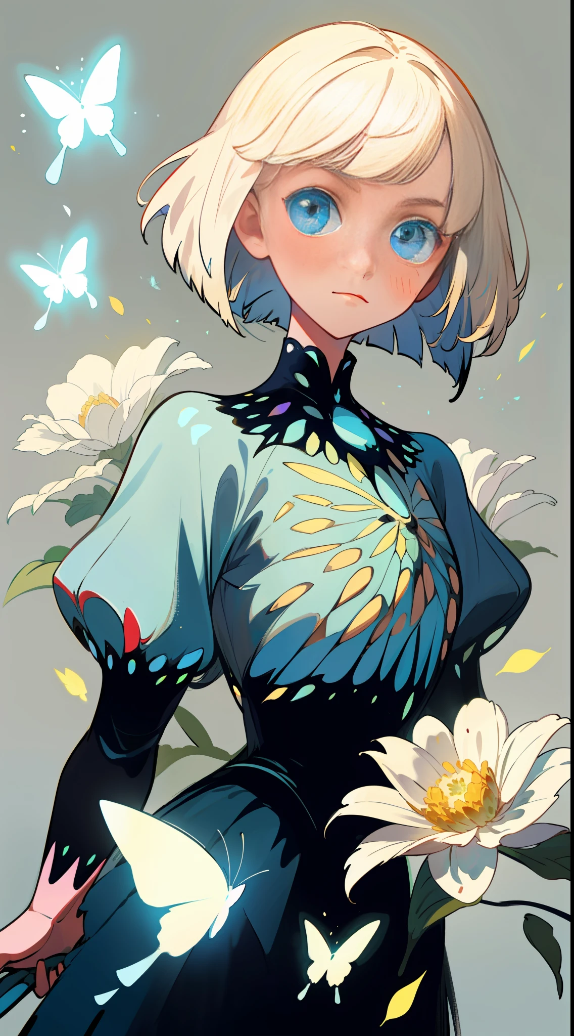 (best quality, masterpiece), 1girl, pose, particle, wind, flower, upper body, simple background, looking viewer, platinum blonde hair, bob cut, light blue eyes, butterfly