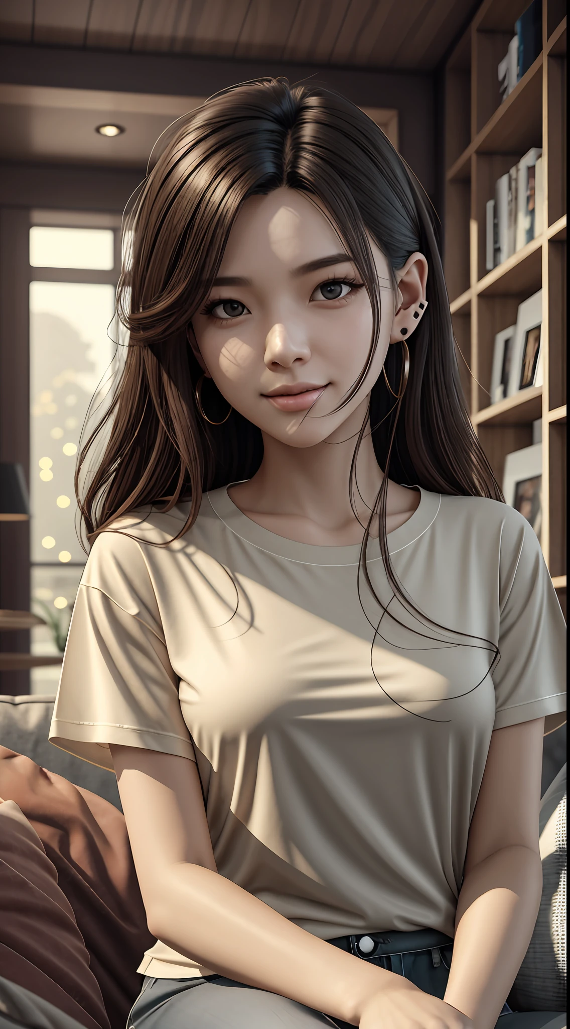 [25-year-old female],[face: round], [eyes: almond eye shape, brown color, thick and curved eyebrow shape], [Nose: Sticky shape, small hole], [Mouth: thick lip shape, Neat teeth], [Chin: Tyre chin shape, Sunken chin], [Hair: Long hairstyle, black color,], [Ears: Small ear shape], [skin: white skin color, Smooth skin texture], [Facial expression: smile], [Activity: Sitting on the sofa in the living room],
[Top clothes: T-shirt, brown color, plaid pattern, delicate texture, casual wear style, folded clothing design, well-maintained clothing condition]
Professional photograph of a stunning woman detailed, cinematic lightning, octane render, unreal engine, volumetrics dtx