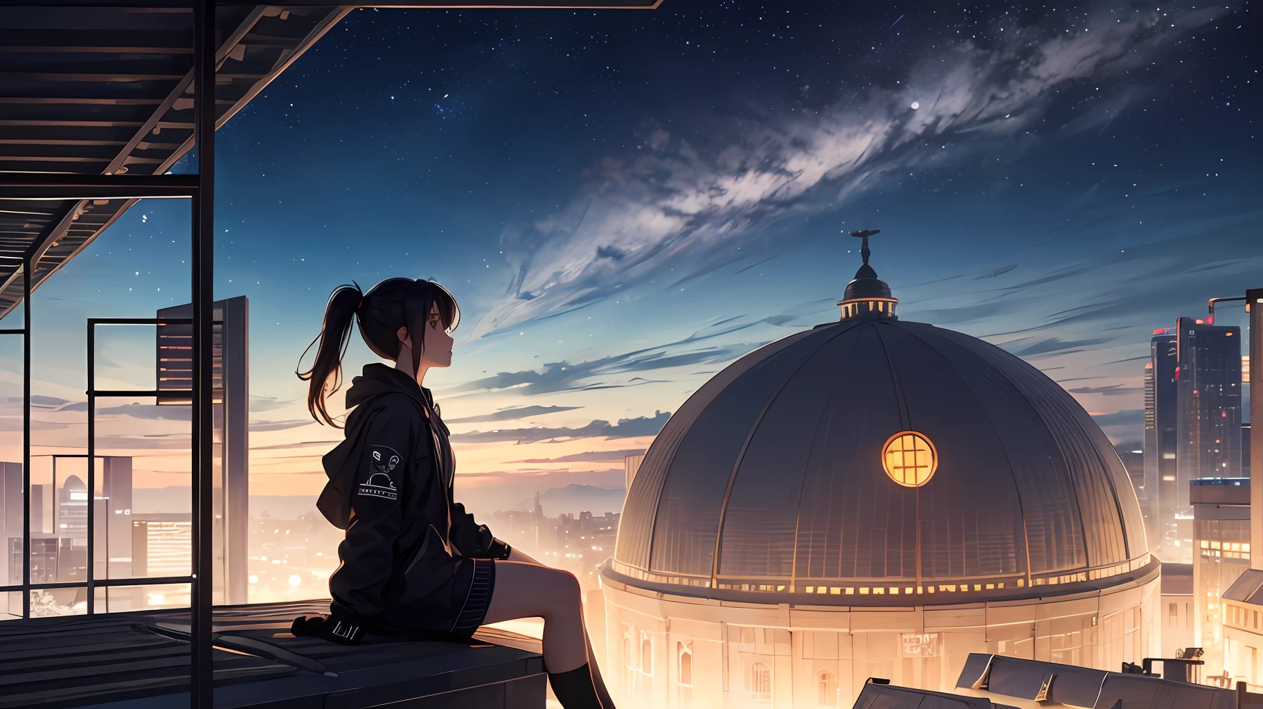 (masterpiece, top quality, best quality, official art, beautiful and aesthetic:1.2), extremely detailed, detailed background, anime, 1girl, young girl, short girl, sci-fi, science fiction, outdoors, night, starry sky, greenhouse, megastructure, bio-dome, landscape, scenery, horizon, rooftop, sitting on rooftop, wind, looking away, atmospheric lighting, solo focus, (close up), from side, depth of field, bokeh