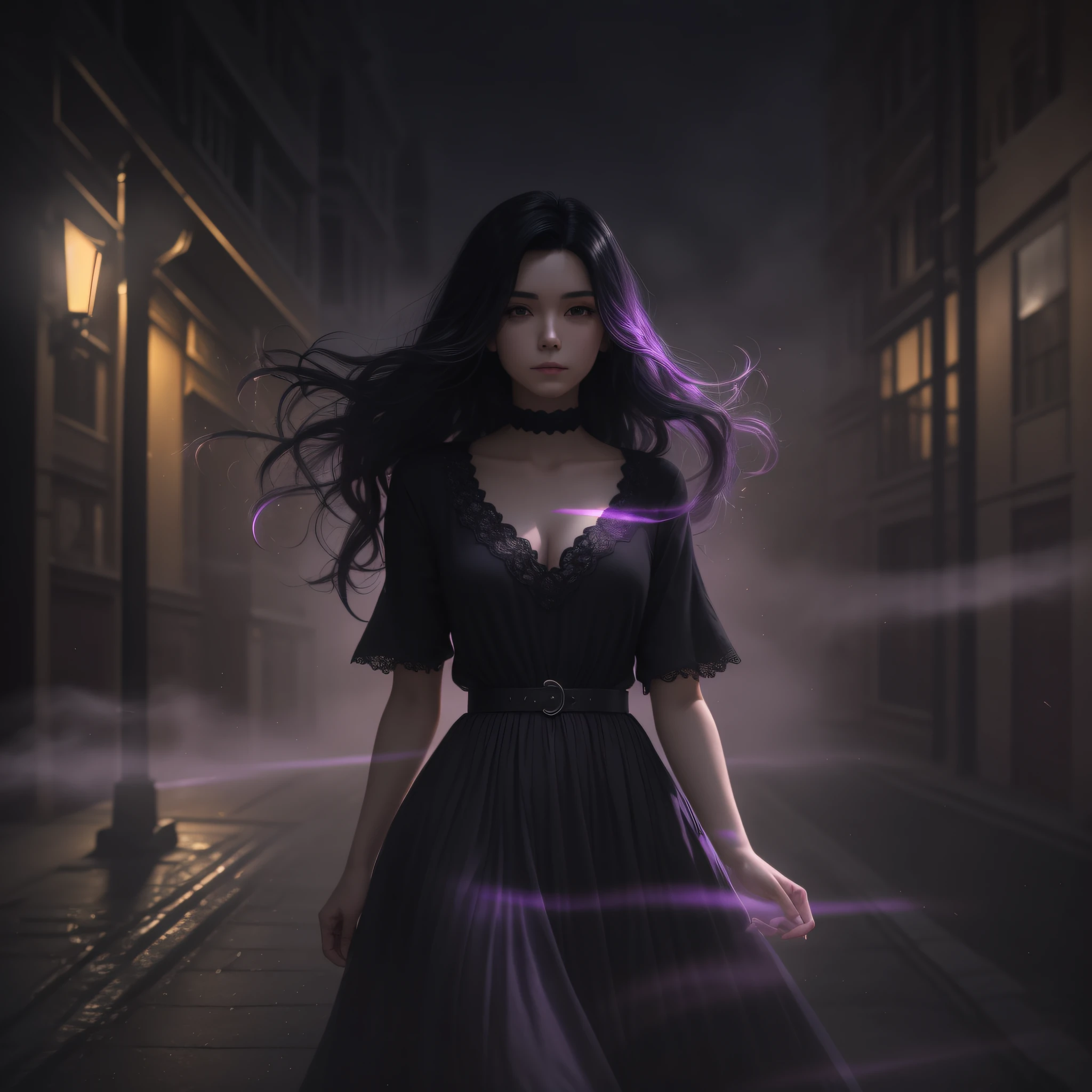 Woman walking head-on down a road at night, with fog and shadows, wavy and long black hair, hand hidden, high quality, ultra-detailed, 8k, masterpiece, (volumetric lighting), black magic, fanciful, lilac colors, purple, black and vivid shadows on the woman's return. --auto --s2