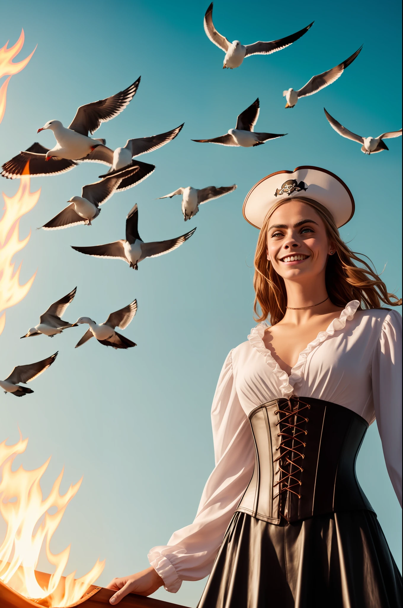abstract colors, texture, film grain, skin pores, dusty atmospheric haze, vignetting, wrinkles, intricate details:0.2 intricate dramatic cinematic movie still of a beautiful, elegant, cunning pirate captain, (Cara Delevingne), wearing a black leather corset, freckles, eye contact, (condescending, confident grin)1.2, (low angle)1.2, bokeh in the foreground, cannon fire smoke, pirate ship battle, illuminated by flames at night! , , hasselblad RAW dramatic photo (nofilter selfie)0.6 Action shot of a badass busty gothic woman wearing a long-sleeved (white ruffled blouse)1.3, ruffled silk skirts, knee-length leather boots, red petticoat, waving sails, ship rigging, long (wind-blown)1.3 hair, jumping overboard, on the deck of a pirate ship at sunset, (seagulls flying overhead) --auto
