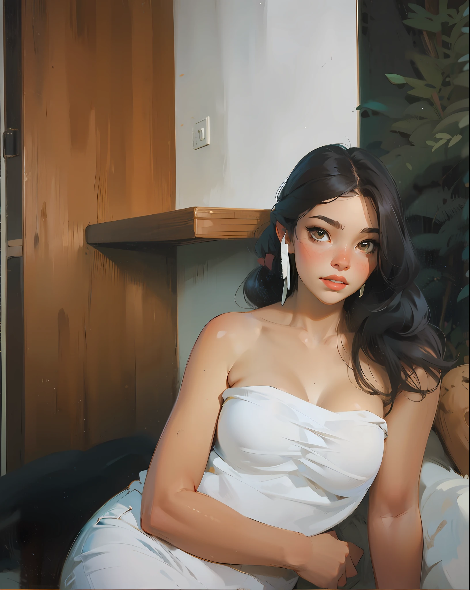 a hyper-realistic portrait of a young woman, under a tree, inside a forest, in the middle of nature, 22 years old, realistic, (lying on her side), sexy, (huge breasts 2:1), short brown hair, (hair tied with bows), curved, SFW