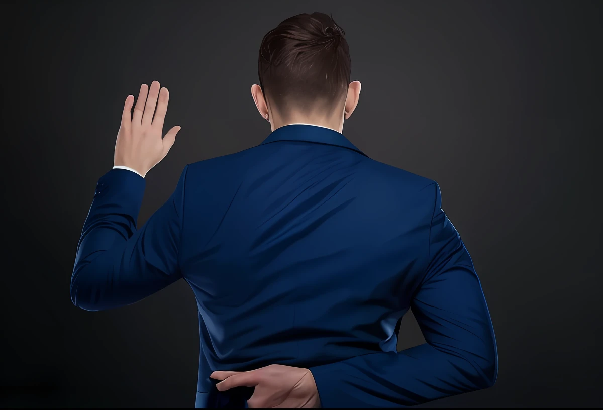 Man in pretp suit is standing and waving his hands, his back is turned, his hands behind his back, the man in a defensive pose, the indistinct man with his hand up, his back up, his back to the viewer, bending over the posture, his arms are behind his back, facing away from the camera, wearing a strict business suit, Back Pose