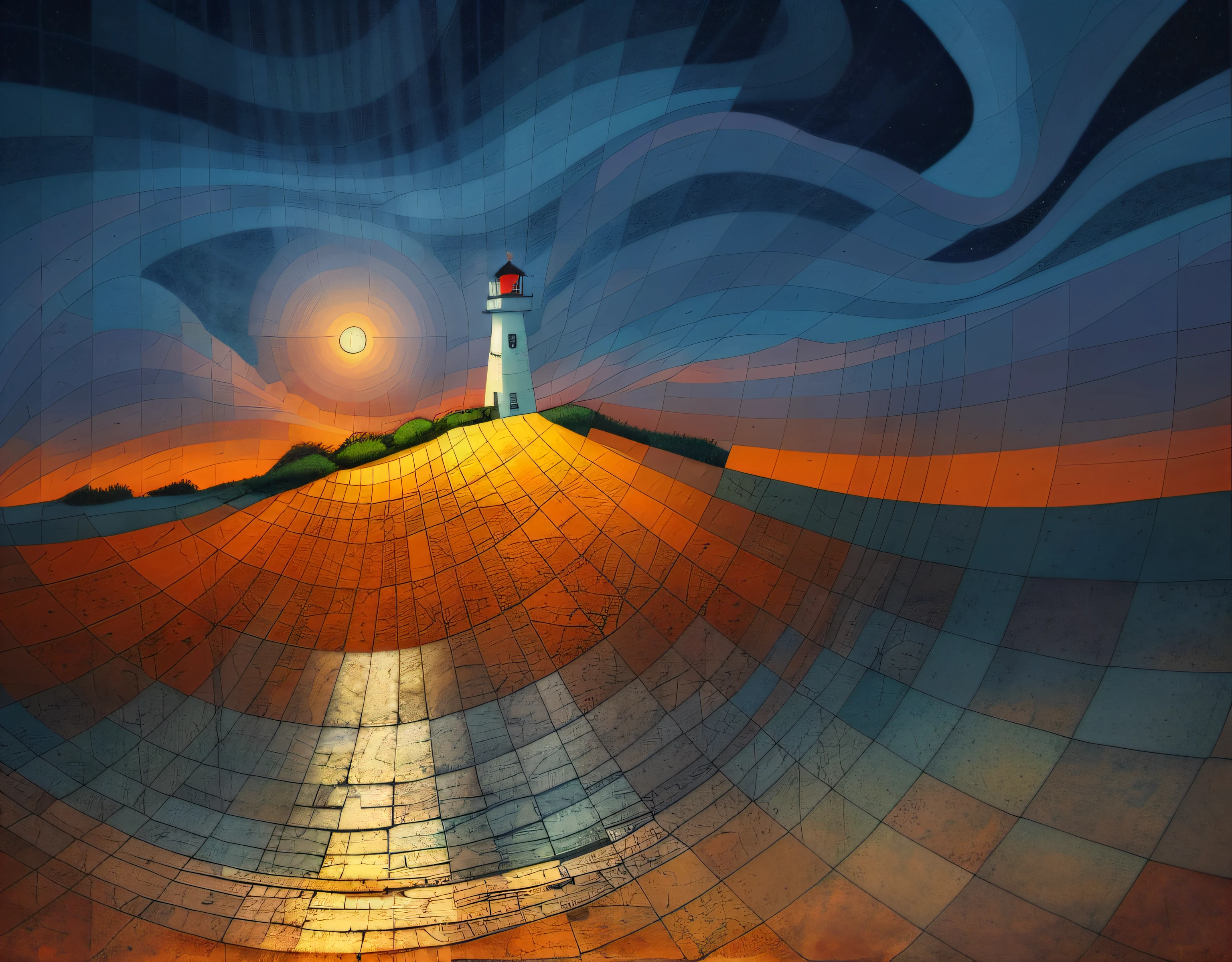 olorized seascape at night, lighthouse, in the style of graphic novel inspired illustrations, intricate landscapes
