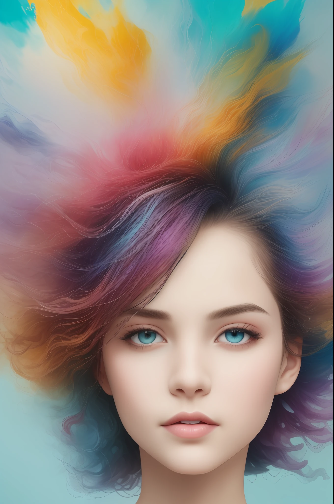 Colorful beautiful girl: a giru 8-years old, messy hair, oil painting, nice perfect face with soft skinice perfect face, blue yellow colors, light purple and violet additions, light red additions, intricate detail, splash screen, 8k resolution, masterpiece, cute face,artstation digital painting smooth veryBlack ink flow: 8k resolution photorealistic masterpiece: intricately detailed fluid gouache painting: by Jean Baptiste Mongue: calligraphy: acrylic: watercolor art, professional photography, natural lighting, volumetric lighting maximalist photoillustration: by marton bobzert:, complex, elegant, expansive, fantastical,  wavy hair, vibrant