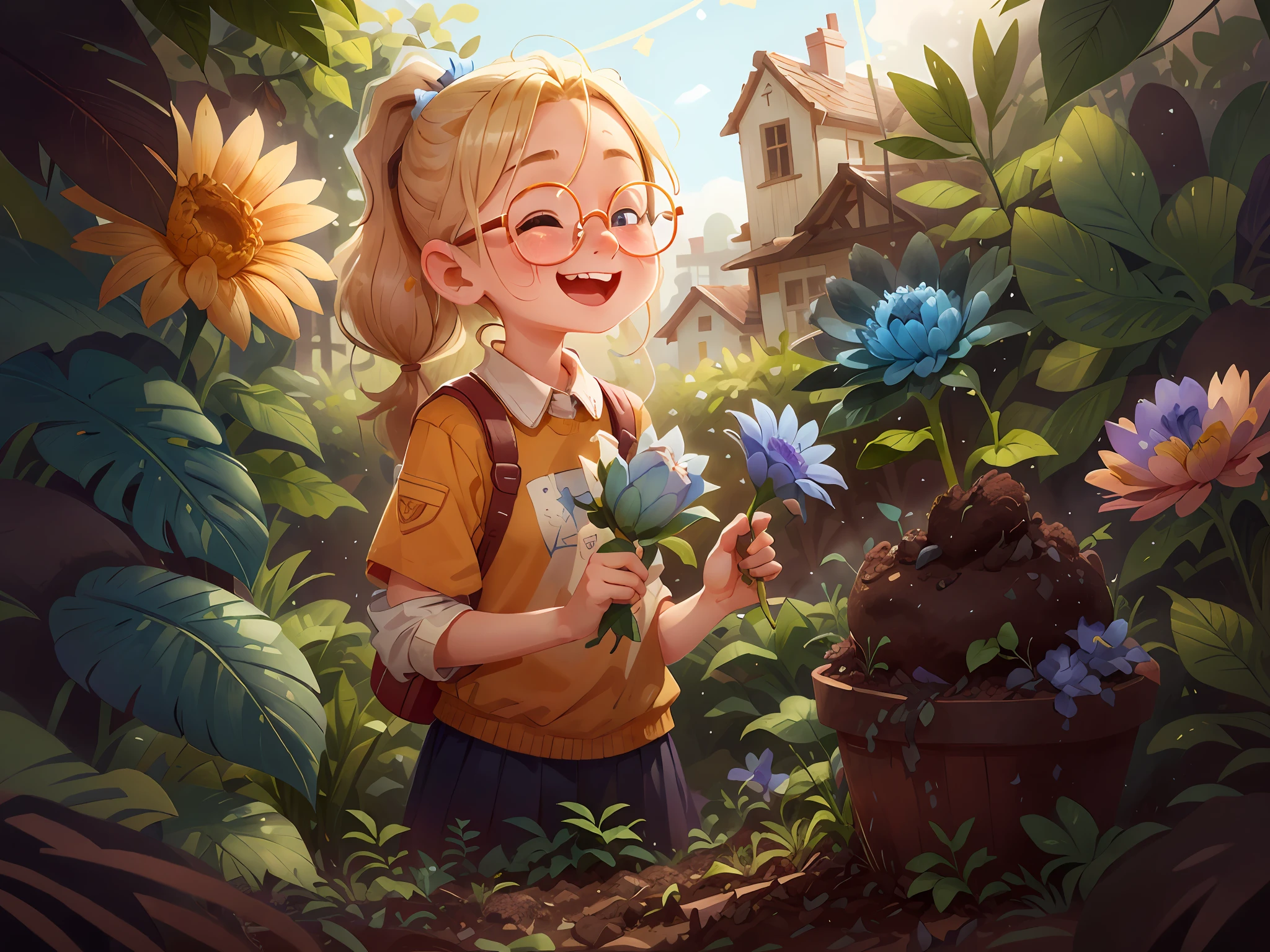 Imagine a single 15-year-old girl, blonde in a ponytail, appeared happy, eyeglasses,standing,holding a blue flower, (((soil)))