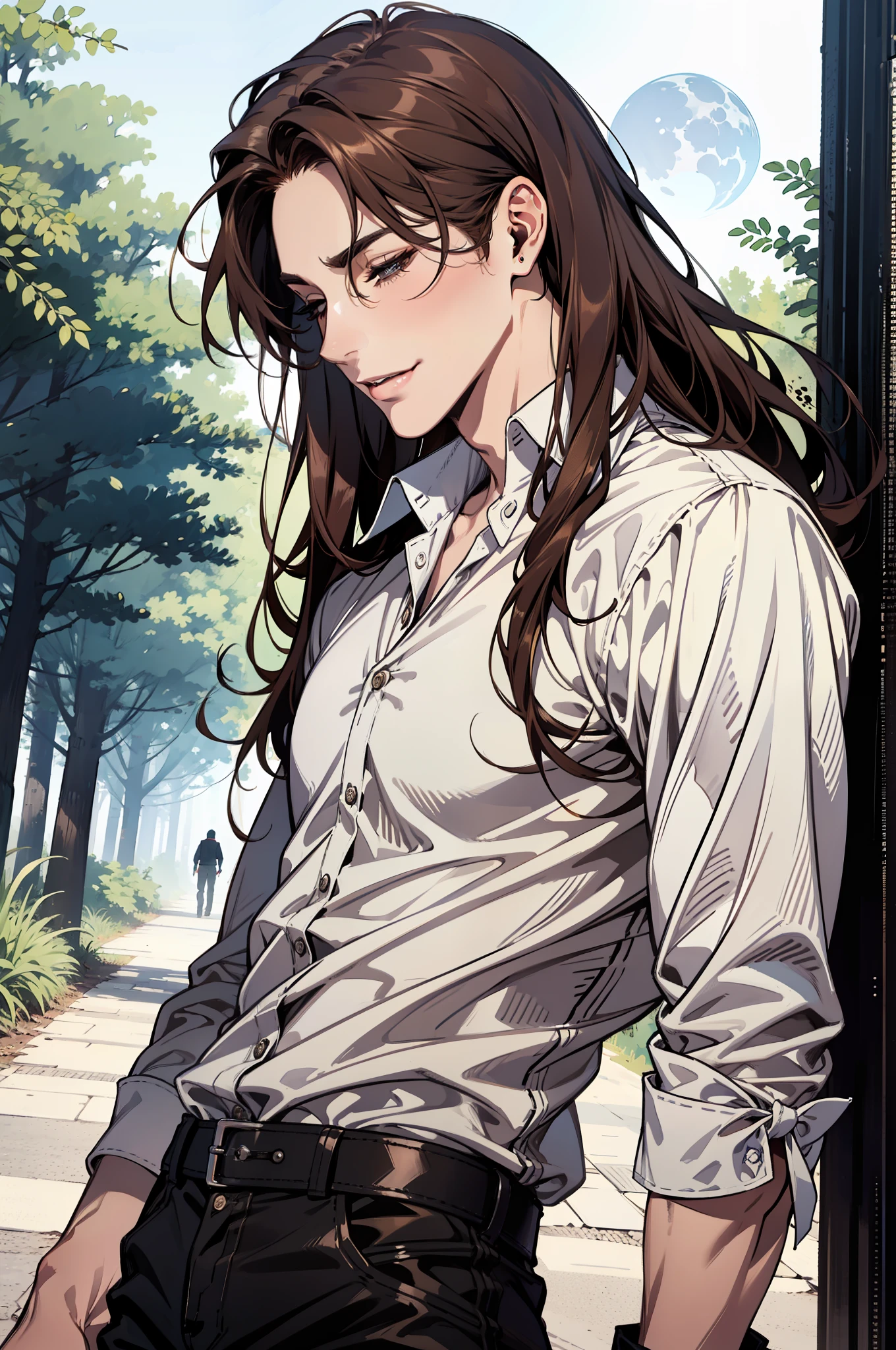 (absurdres, highres, ultra detailed), 1man, 30 years old man, adult man, handsome, tall,, finely detailed eyes and detailed face, black leather pants, white shirt, night, smile, dutch angle, ((long hair, brown hair)), moon, forest, bad boy, gothic, dark, looking at the view, pale skin, eyeliner, (masculine), sexy, smirk, seductive, slightly muscular, very attractive, flirtatious, mature, ((adult mature face)), medium large shoot, (MLS), conceited, egocentric, closed eyes, open mouth