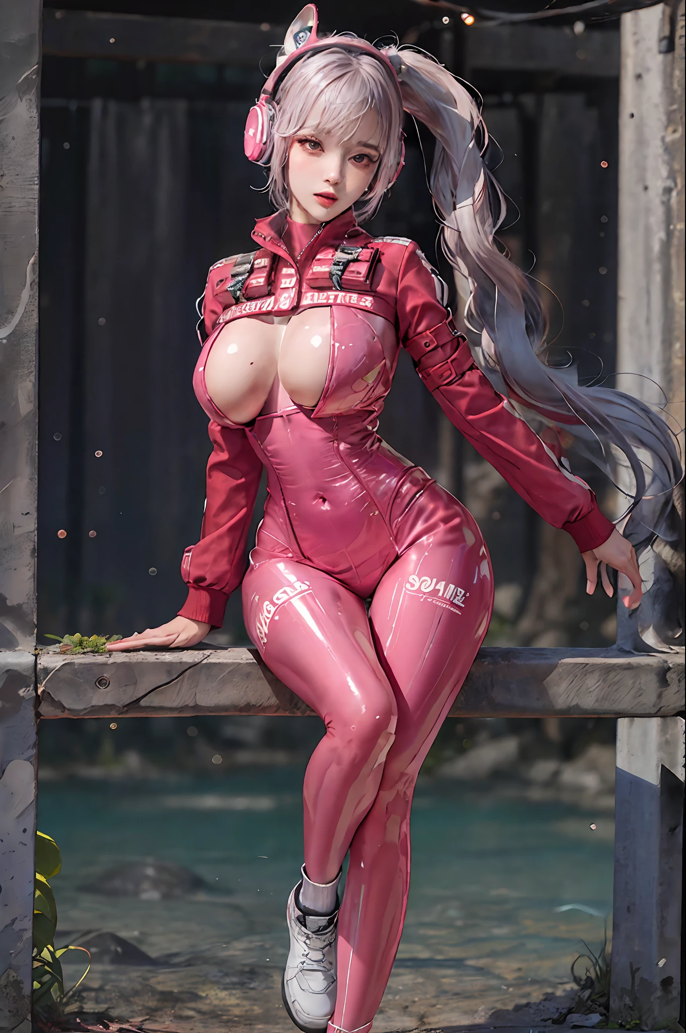 (Masterpiece: 1.2, Best Quality), Realism, (Real Pictures, Intricate Details, Depth of Field), (1girl, Solo), Makeup, Lips Apart, High Detail, (((Perfect Complete Face))), (Huge Tits: 1.4), (Skindentation), ((Slender Legs)), Wide Buttocks, Thin Waist, Tall, Coral Lips, Long Hair, Dark Eyes, ((Beauty in Gel Jacket, Slender Waist, Shorts, Slender Beautiful Legs, Enchanting Body)), Sexy, Blushing, Alice \ (nikke\)
pink bodysuit
animal ear headphones
shiny clothes
twintails
latex bodysuit