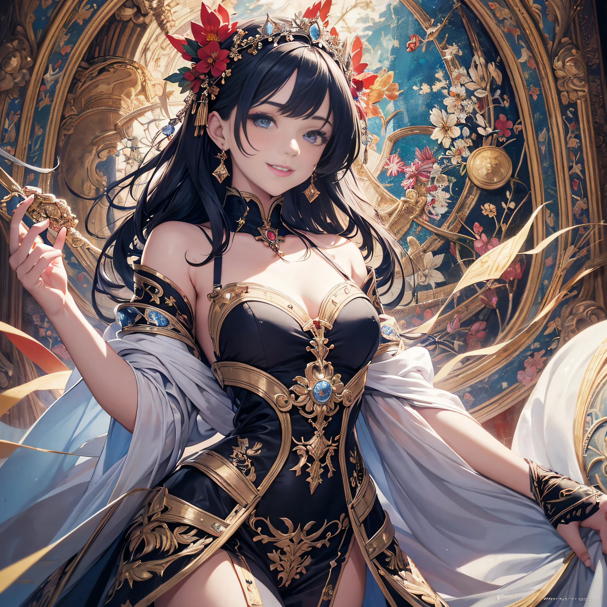 Masterpiece, Best quality, Young Beautiful Girl, Ultra Detailed, Official Art, Unity 8k wallpaper, red and blue, Seductive smile, Mural technique, (classic mural):1.2, Plaster surface, rich pigments, Timeless artistry, historical charm, Evocative storytelling