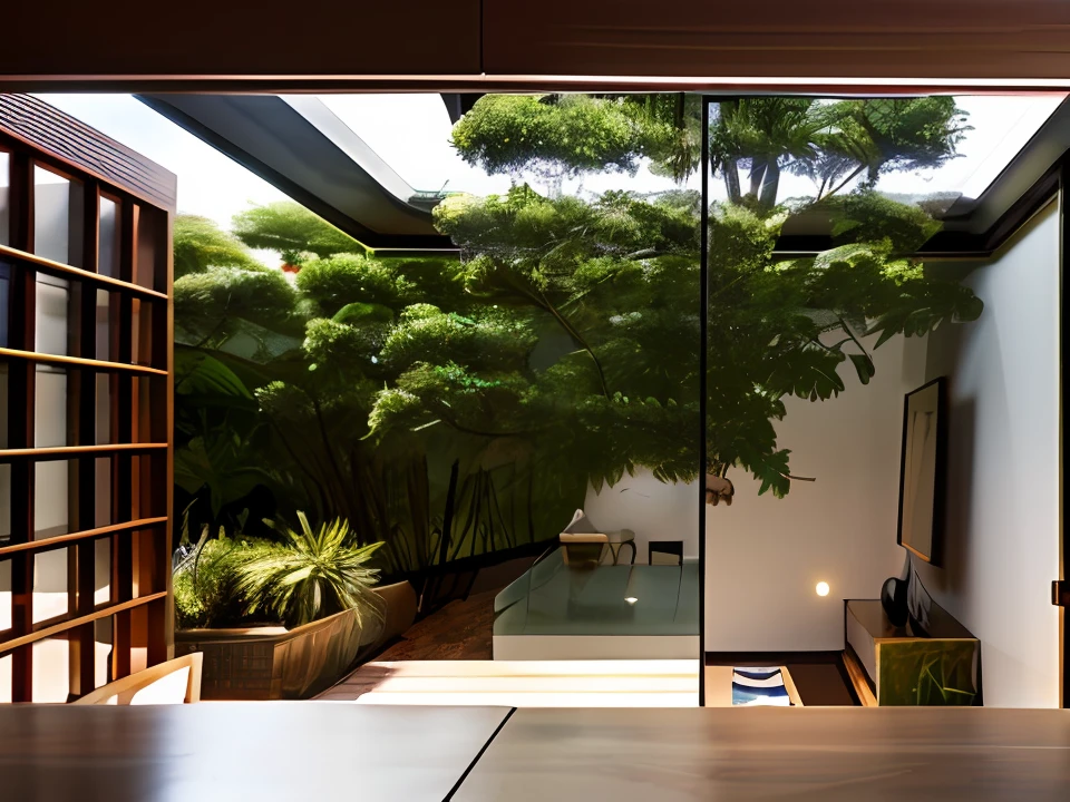 Interior design, amazingly detailed wide angle architectural photography, cozy designer living room (warm bright sunlight 1:0.1), award-winning contemporary interior design, landscape, table, chair, interior, hardwood floor, window, restaurant, east asian architecture, sliding doors, lamp, architecture, forest, nature, cup, plant, INTERIOR DESIGN, interesting lights and shadows, depth of field