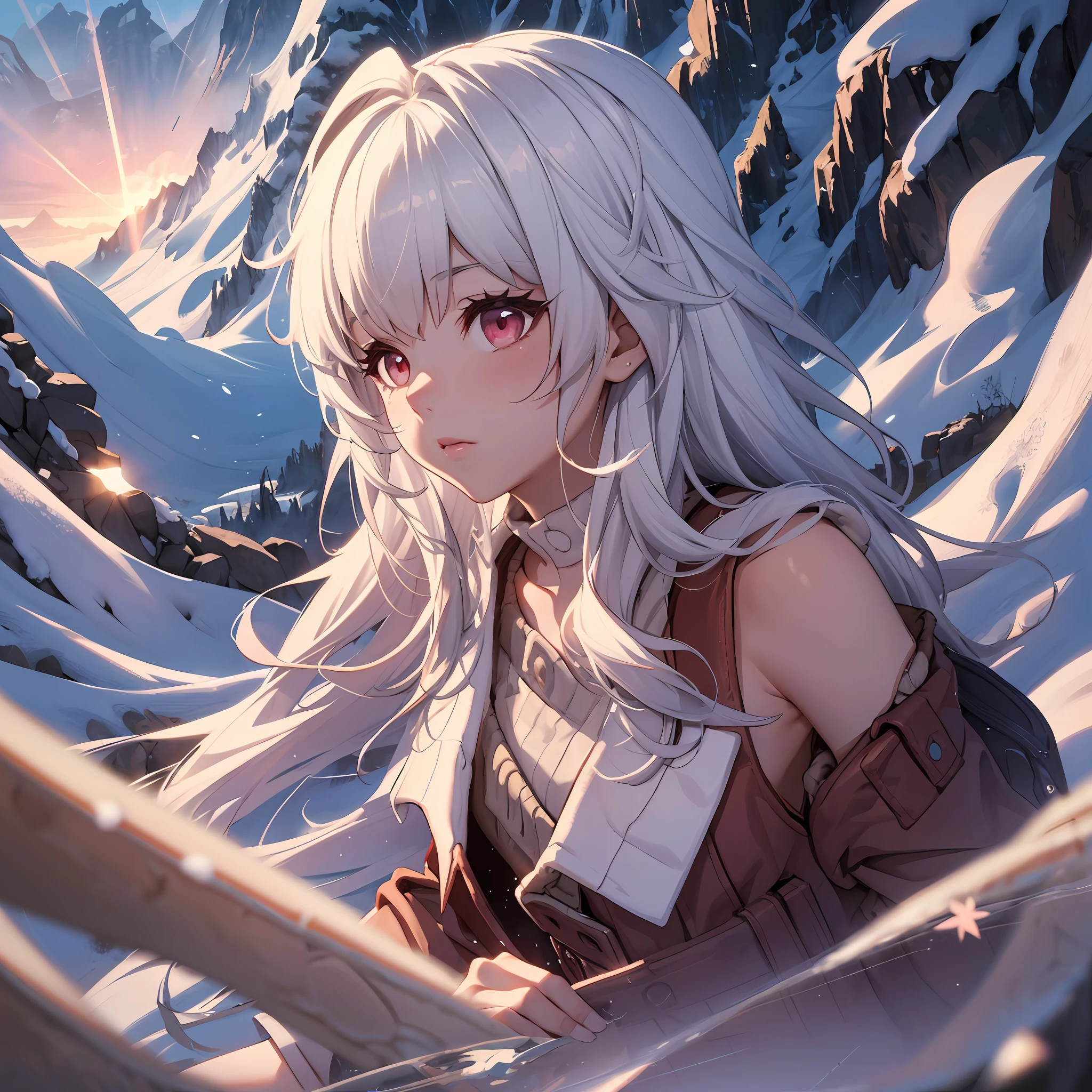 Anime girl with long white hair and a backpack in the snow - SeaArt AI