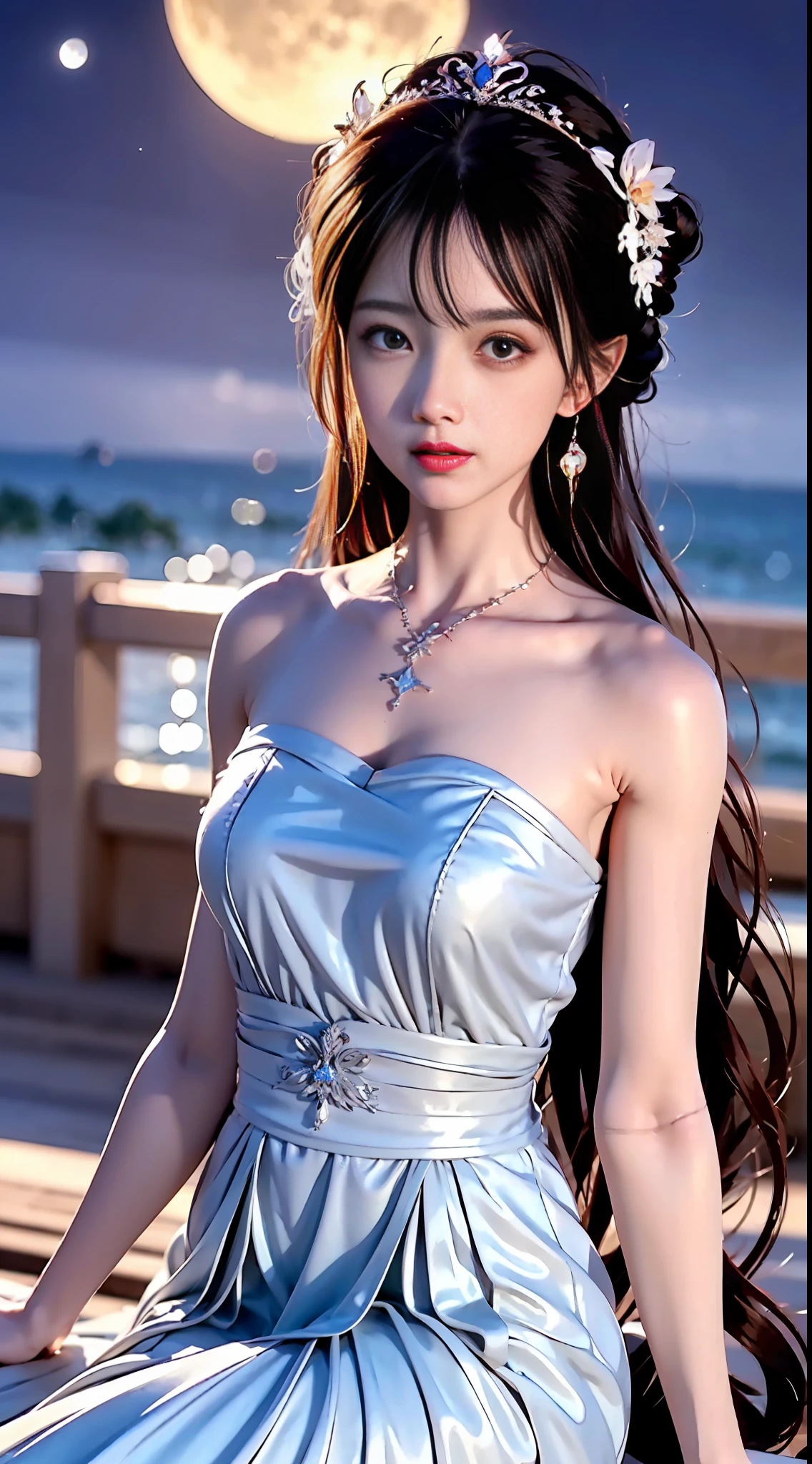 moon, moonlight, full moon, night, dark blue sky, violet, lilac dress, long skirt on chest, long black hair, long hair and waist, beautiful maiden, god, divinity, white tiara, sitting on railing, hair, slanted bangs, headband, hair ornament, forehead gemstone, paulai's jewel branch, crescent hair ornament, fish hair ornament, god ray, glitter, cinematic lighting, lens glare, uhd, high detail, high quality, high resolution, best quality, 8K, 16K, high detail, high quality, high quality, super detail, Anatomically correct, masterpiece, ccurate