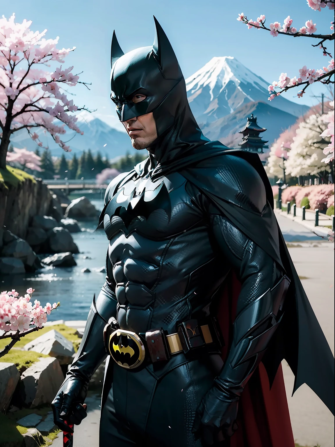 batman as a samurai, mountains, cherry blossom, japan