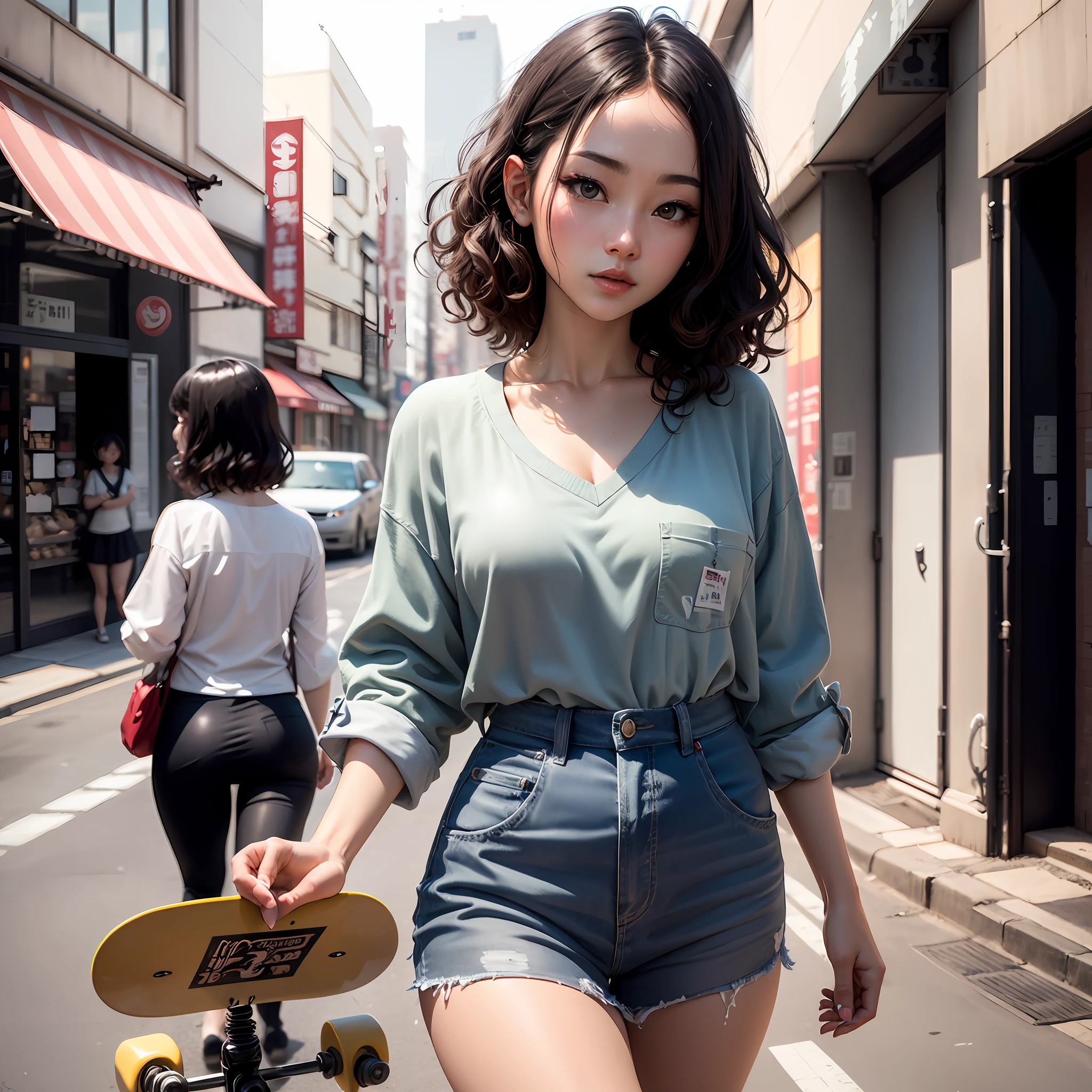 (Best Quality, 8k, 32k, Masterpiece, UHD: 1.5), Attractive Japan Woman Pictures, One Girl, Skateboarding, (Short Wavy Hair), Ultra Detailed Face, Detailed Lips, Fine Eyes, Double Eyelids, Street Fashion, Summer, Sunshine
