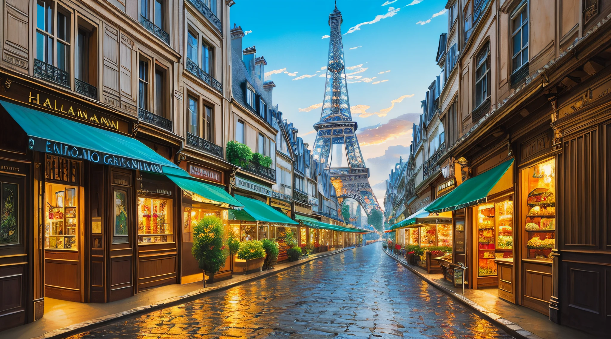 Create a captivating oil painting that showcases the timeless beauty of Paris. The artwork should immerse viewers in the enchanting atmosphere of the city, emphasizing its iconic landmarks and vibrant streets. Capture the essence of Parisian architecture with its elegant Haussmann buildings, charming cafes, and picturesque bridges. Infuse the composition with a warm and inviting color palette, evoking the romantic ambiance of the city. Pay special attention to intricate details, such as the ornate balconies, cobblestone streets, and the play of light and shadows. Let the brushstrokes reflect the texture and depth of an oil painting, enhancing the sense of realism and artistic craftsmanship. Transport viewers to the heart of Paris, where they can lose themselves in the timeless charm of the City of Light. --auto