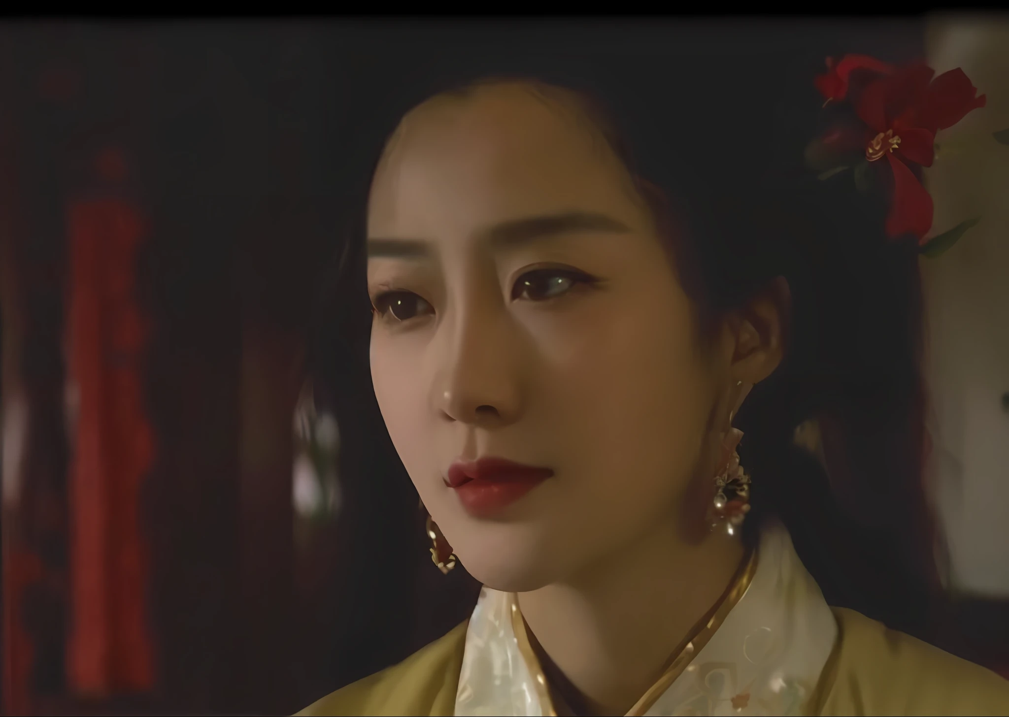 arafed woman in a yellow dress with a red flower in her hair, gong li, maggie cheung, inspired by Yao Tingmei, chinese empress, inspired by Zhang Yin, inspired by Li Tang, queen of the sea mu yanling, inspired by Min Zhen, movie screen shot, inspired by Li Mei-shu, inspired by Ju Lian