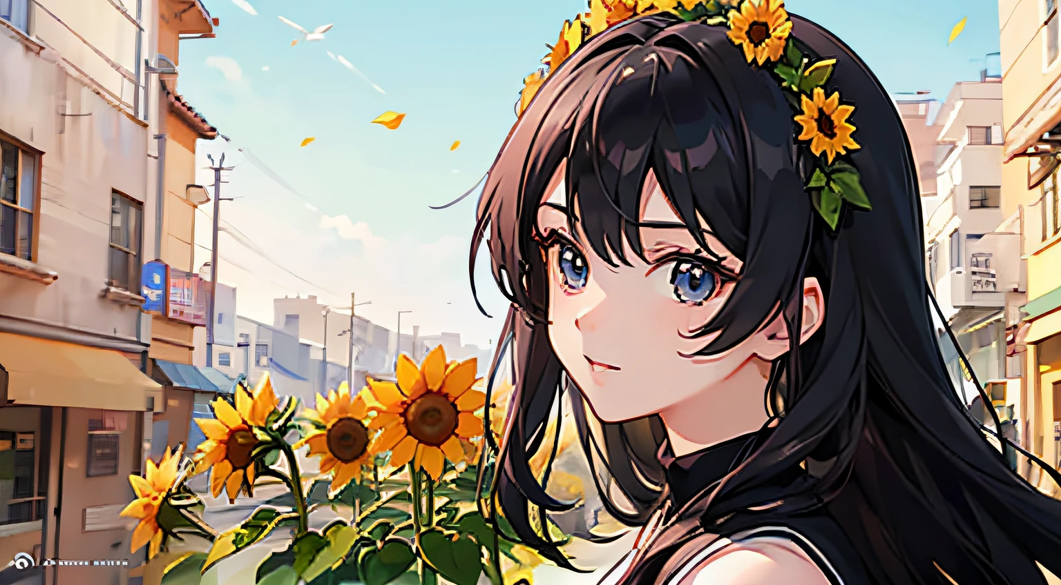 anime girl with sunflower and sign saying best smoothing, beautiful sunflower anime girl, cute, official fan art, anime style, official art, anime style characters, anime style, anime aesthetic, cute, anime art style, high quality fan art, anime style illustration