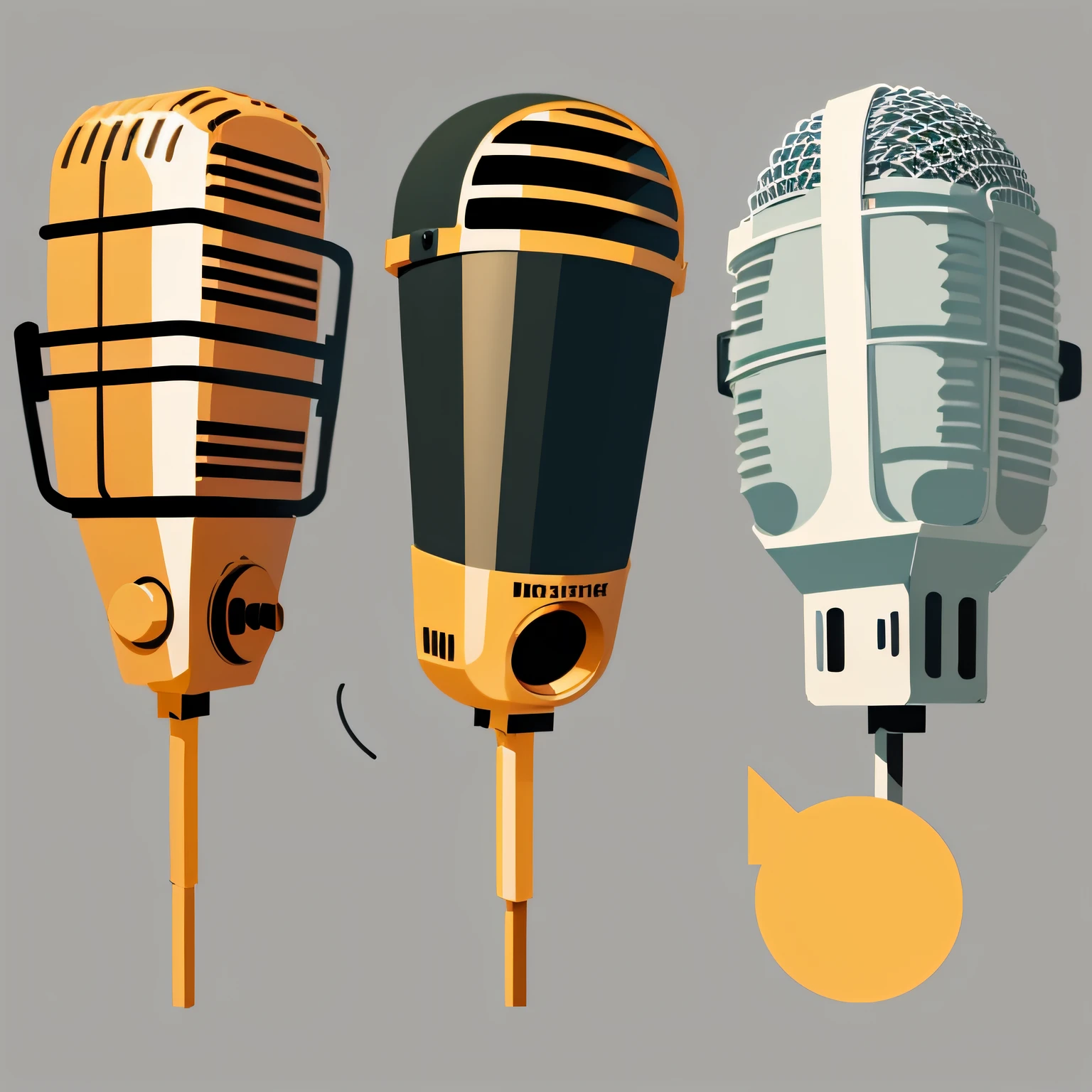 Microphone small elements, flat illustration, cartoon, Q version, cute, flat 2 D vector art, simple cartoon style, flat color, the first microphone on the right is more simplified, remove the yellow color block, Q version some